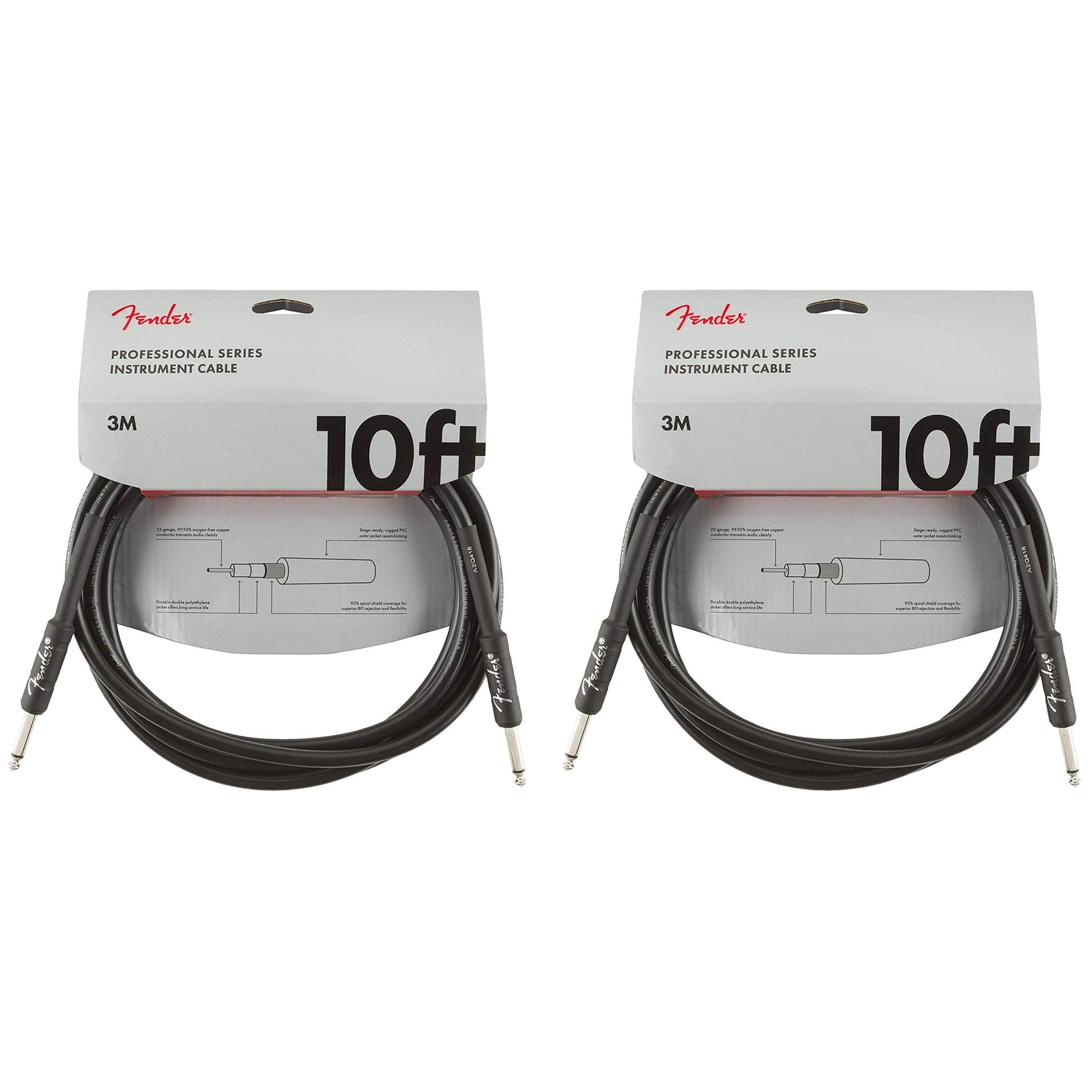 Fender Professional 10' Instrument Cable Black S/S 2 Pack Bundle Accessories / Cables