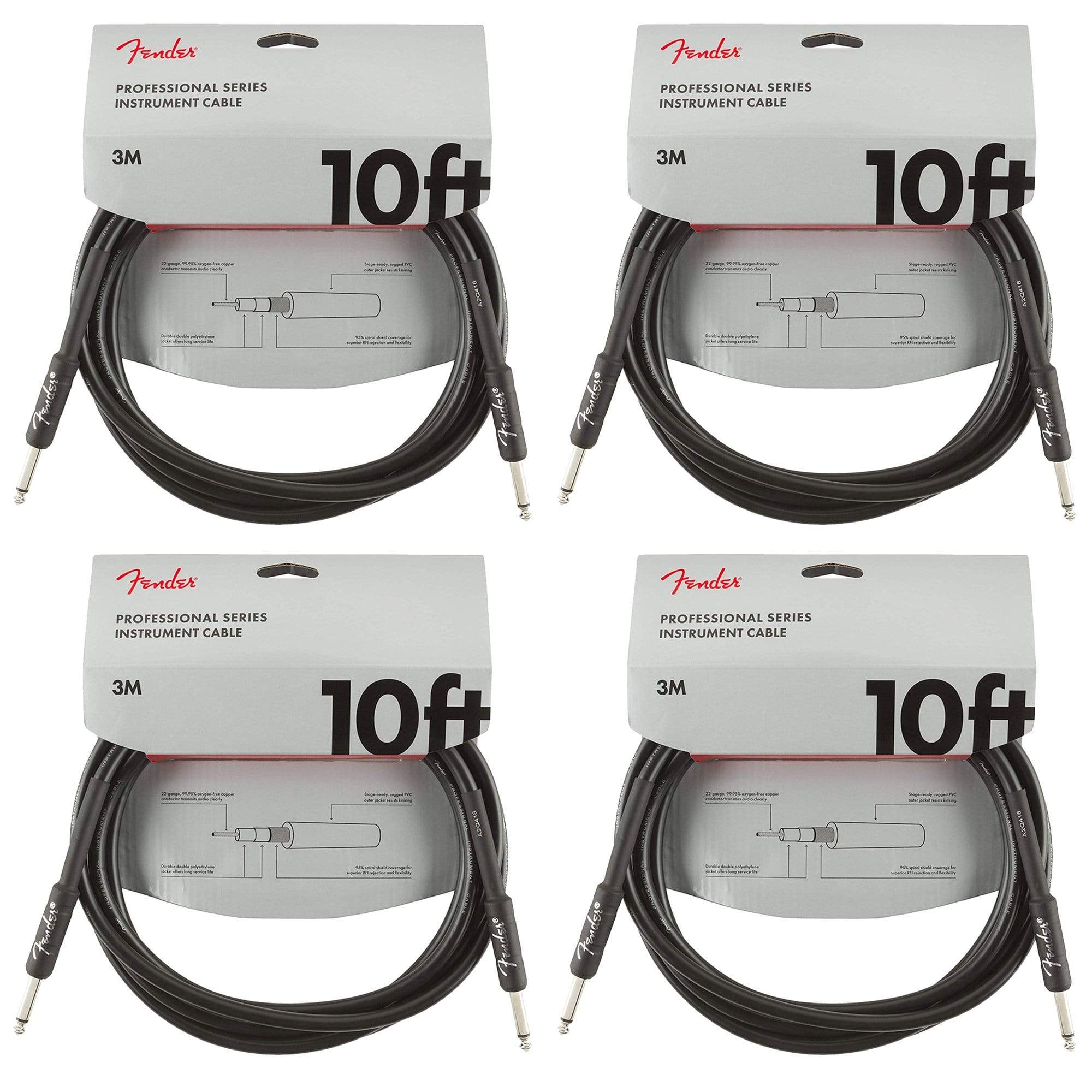 Fender Professional 10' Instrument Cable Black S/S 4 Pack Bundle Accessories / Cables