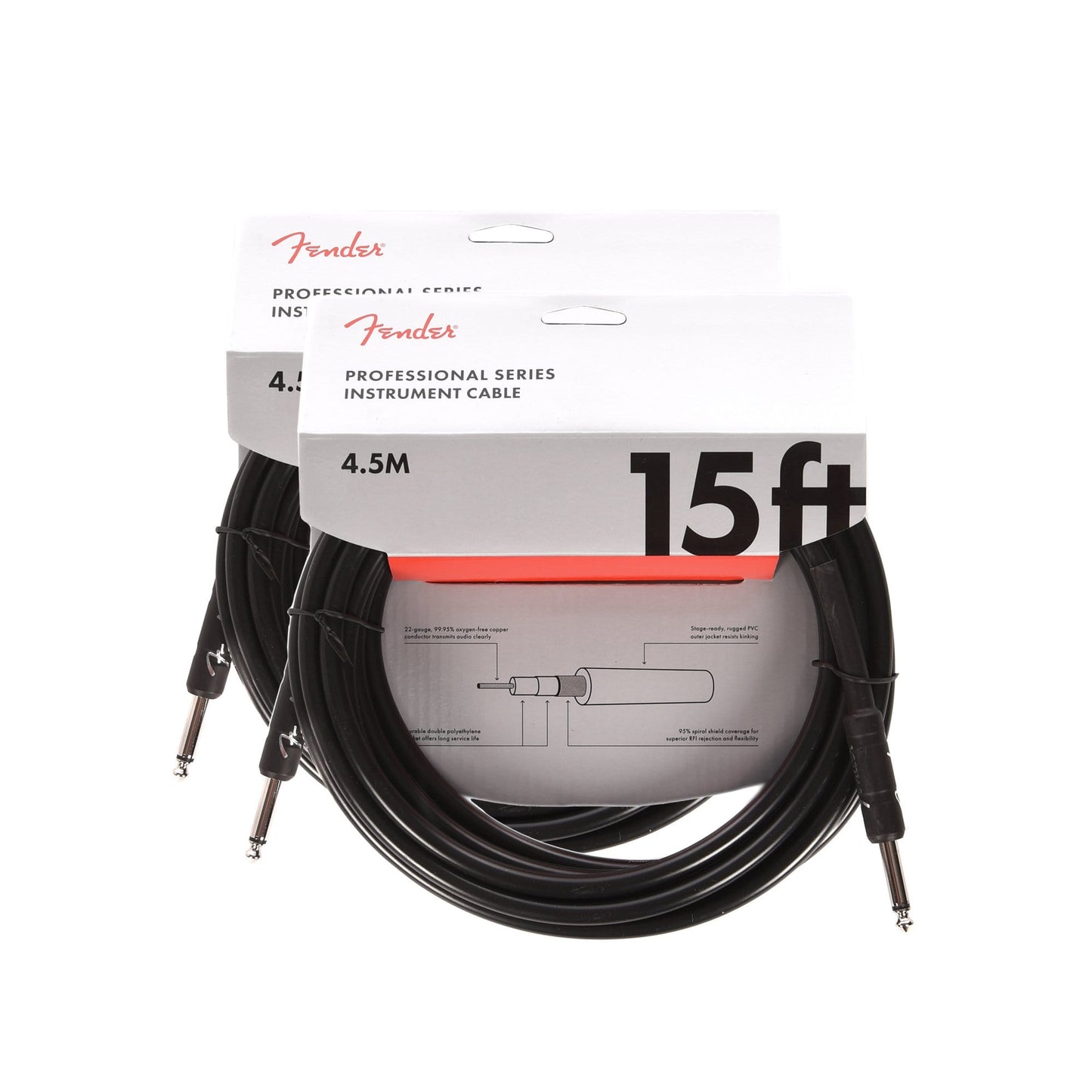 Fender Professional 15' Instrument Cable Black S/S 2 Pack Bundle Accessories / Cables