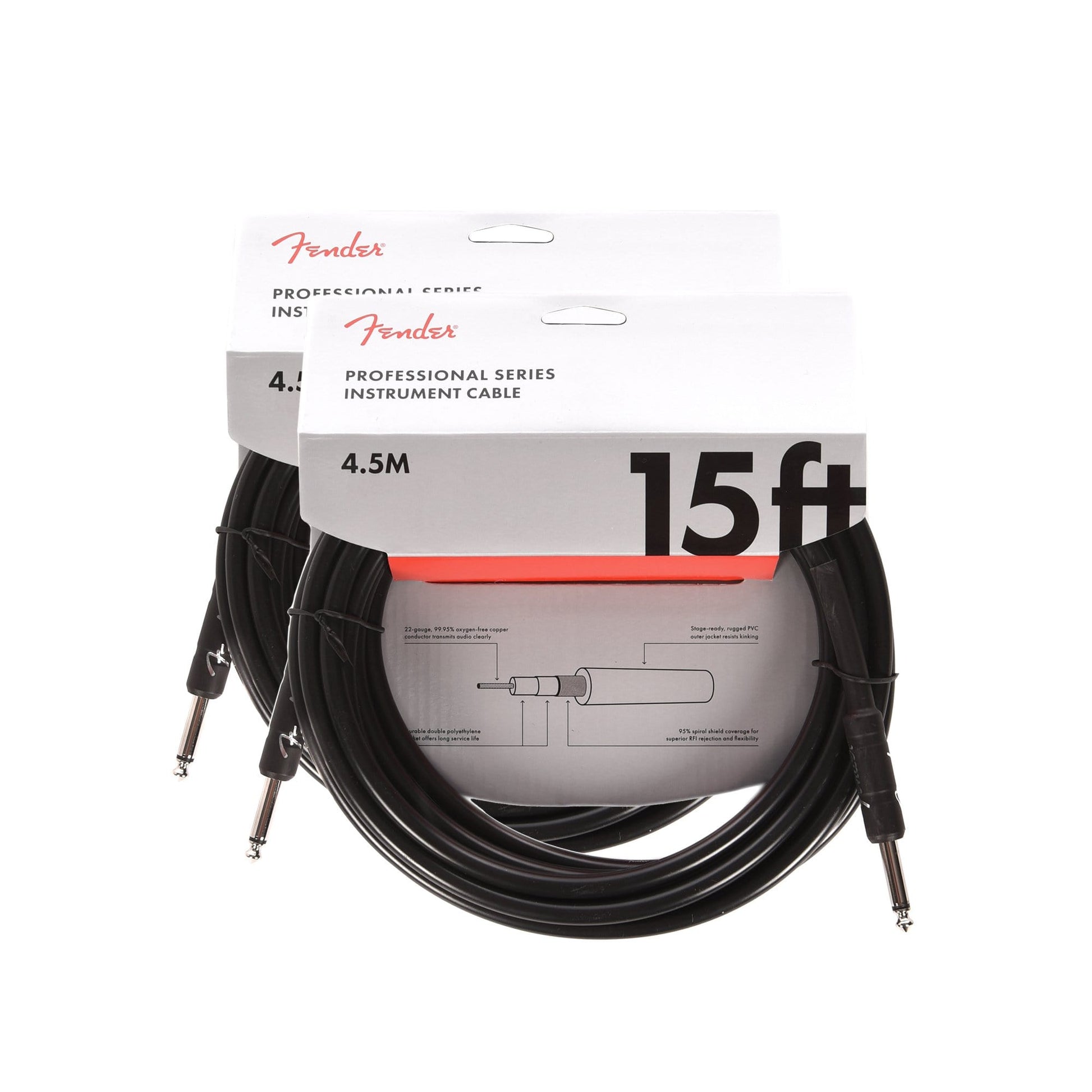 Fender Professional 15' Instrument Cable Black S/S 2 Pack Bundle Accessories / Cables