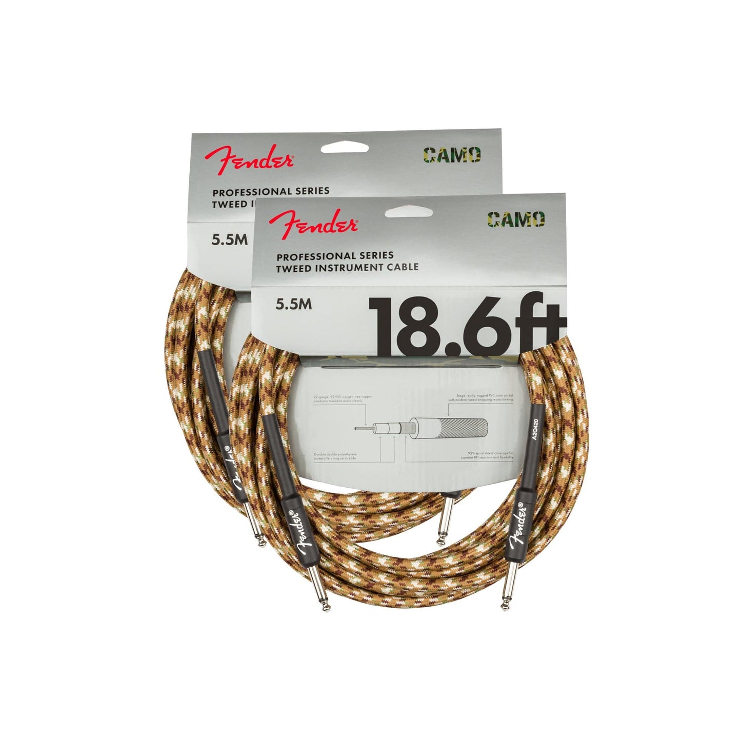 Fender Professional 18.6' Instrument Cable Desert Camo 2 Pack Bundle Accessories / Cables
