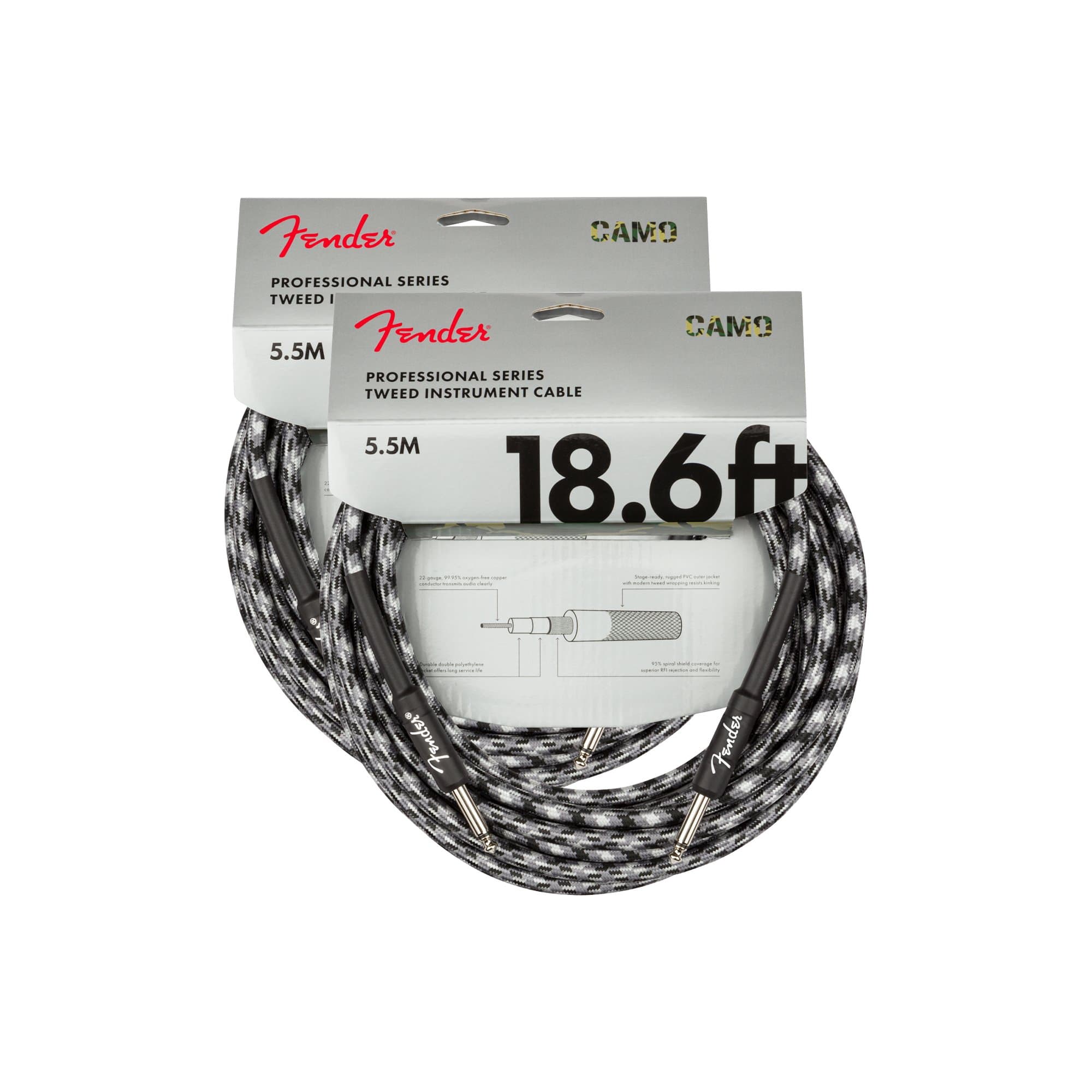 Fender Professional 18.6' Instrument Cable Winter Camo 2 Pack Bundle Accessories / Cables