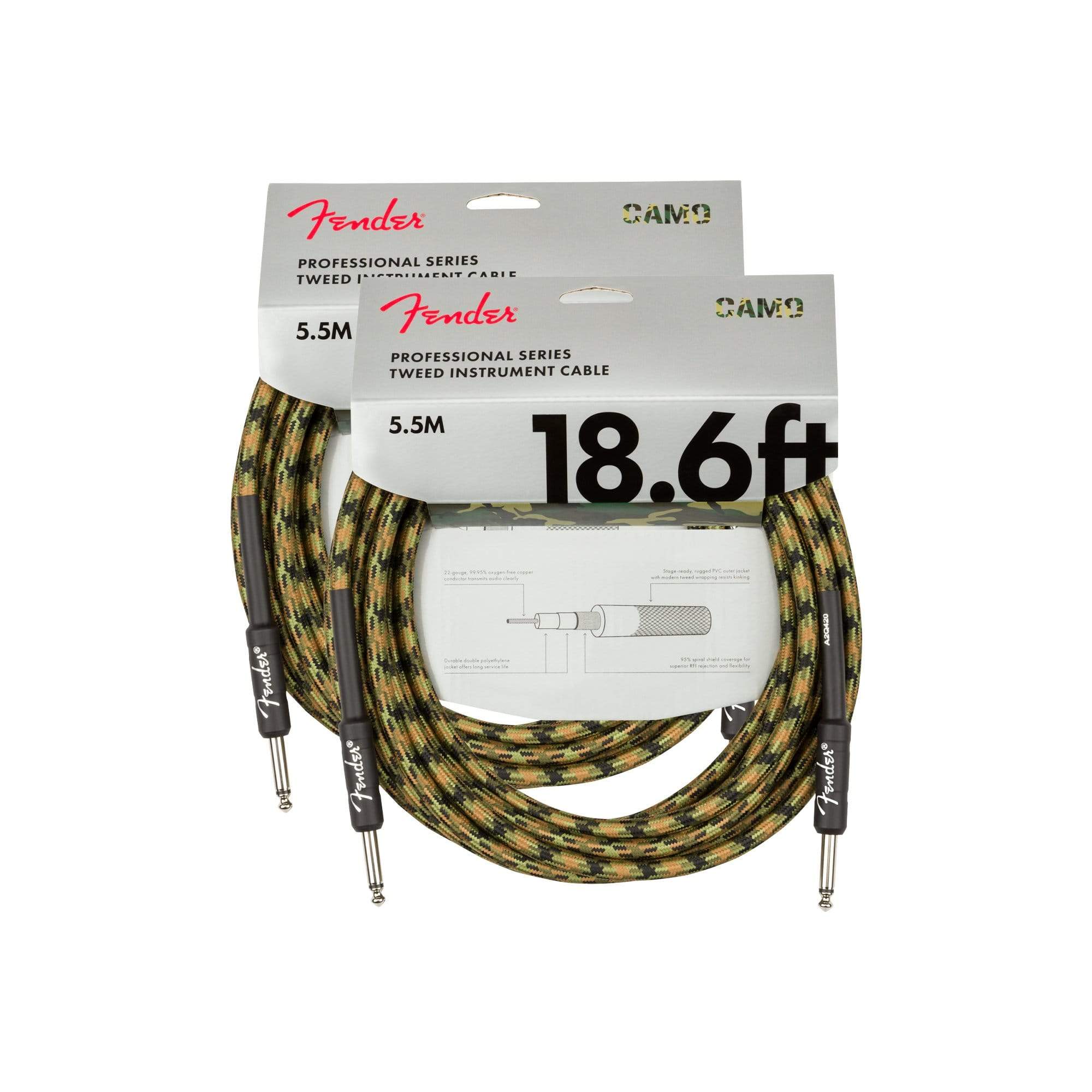 Fender Professional 18.6' Instrument Cable Woodland Camo 2 Pack Bundle Accessories / Cables
