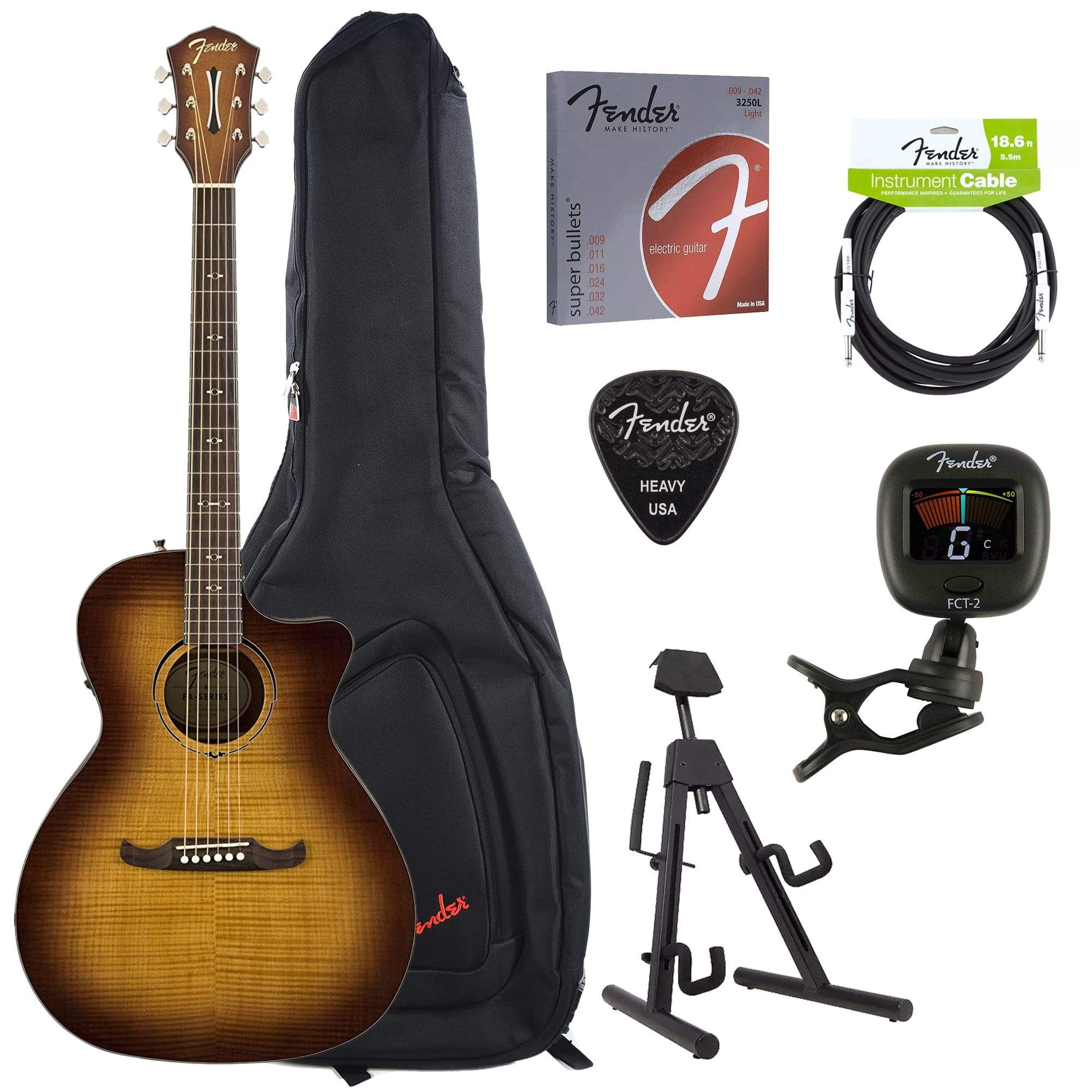 Fender FA-345CE Auditorium Acoustic-Electric Tea Burst w/Fender Gig Bag, Stand, Cable, Tuner, and Picks Acoustic Guitars / Built-in Electronics