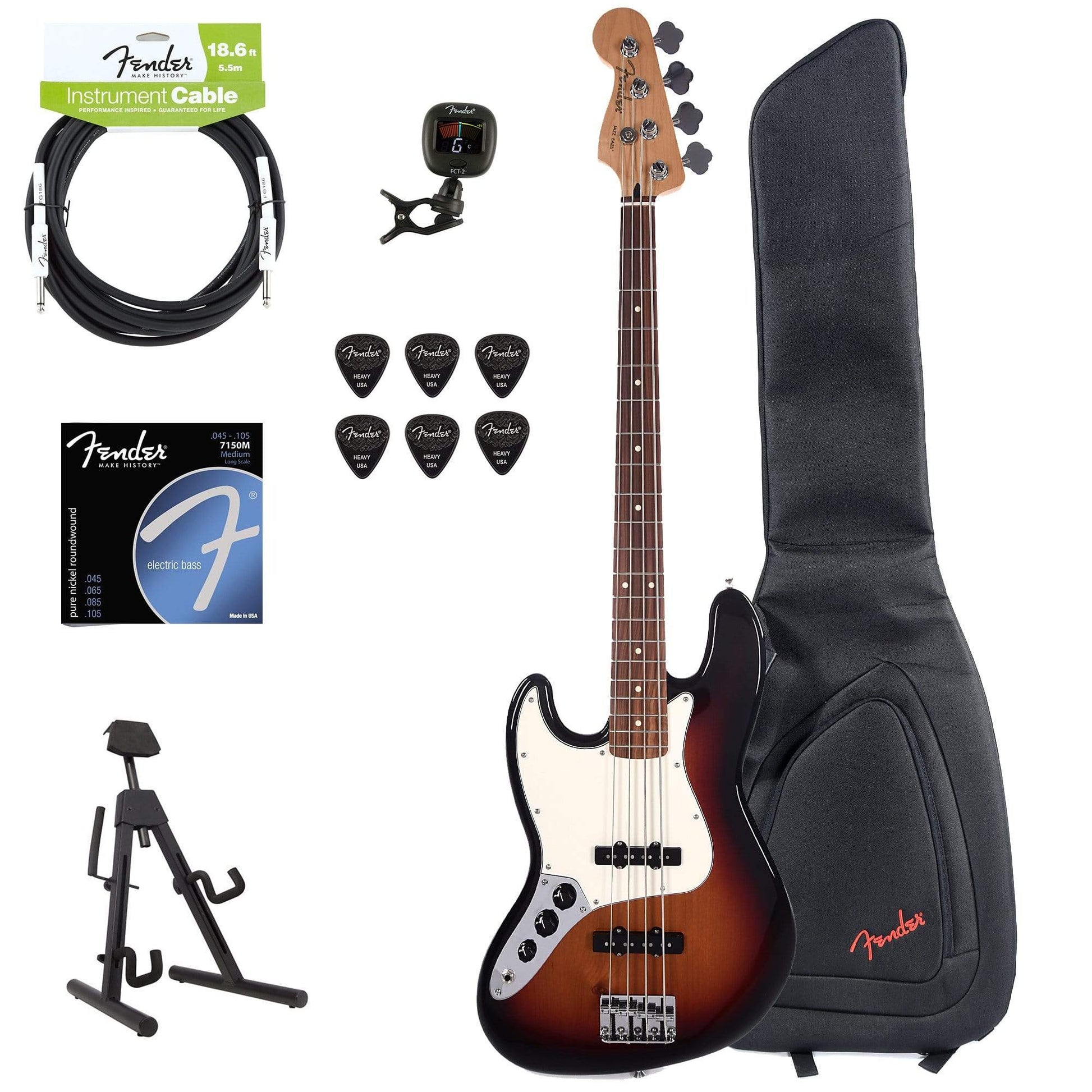 Fender Player Jazz Bass LEFTY 3-Color Sunburst Bundle w/Fender Gig Bag, Stand, Cable, Tuner, Picks and Strings Bass Guitars / 4-String,Bass Guitars / Left-Handed