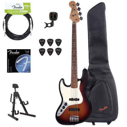 Fender Player Jazz Bass LEFTY 3-Color Sunburst Bundle w/Fender Gig Bag, Stand, Cable, Tuner, Picks and Strings Bass Guitars / 4-String,Bass Guitars / Left-Handed