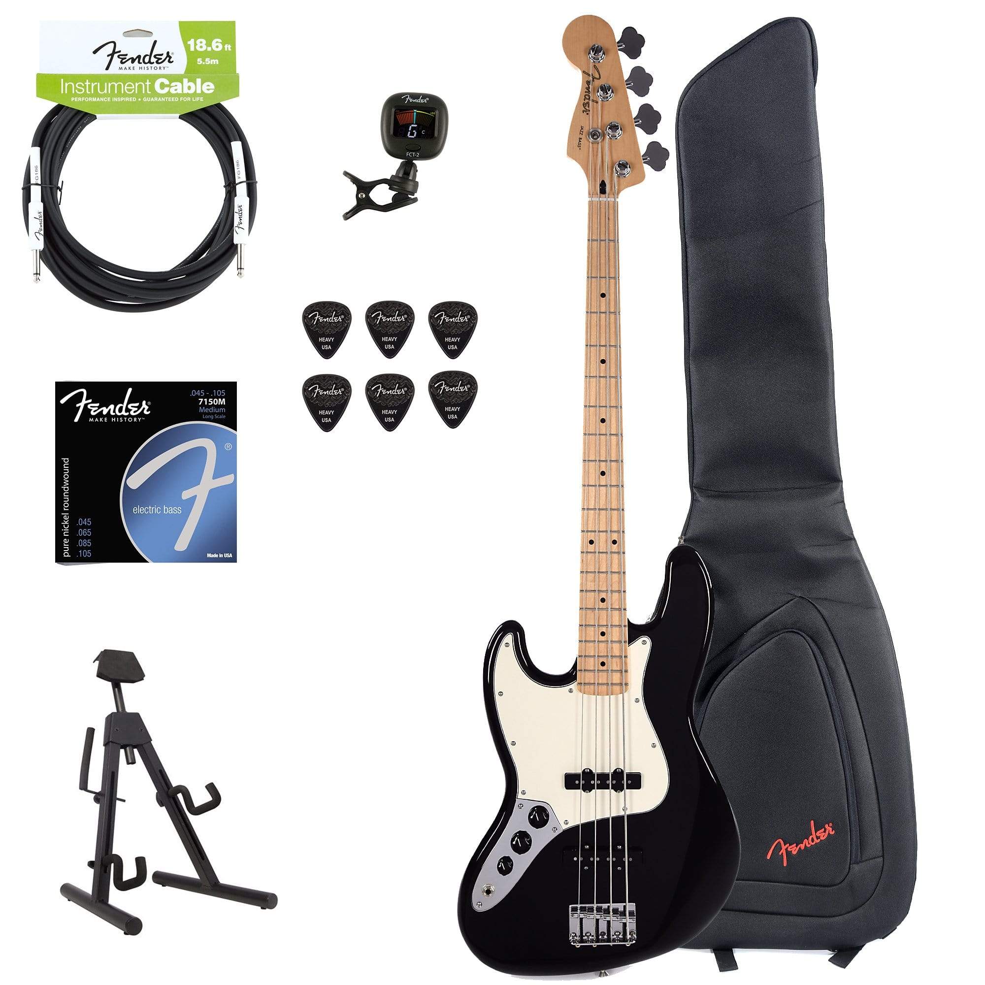 Fender Player Jazz Bass LEFTY Black Bundle w/Fender Gig Bag, Stand, Cable, Tuner, Picks and Strings Bundle w/Fender Gig Bag, Stand, Cable, Tuner, Picks and Strings Bass Guitars / 4-String,Bass Guitars / Left-Handed