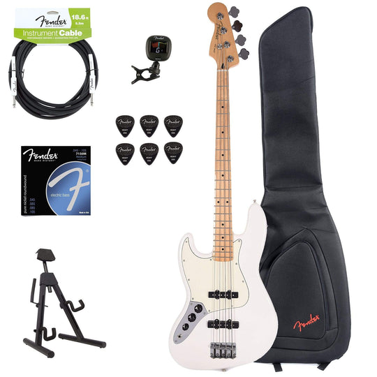 Fender Player Jazz Bass LEFTY Polar White Bundle w/Fender Gig Bag, Stand, Cable, Tuner, Picks and Strings Bass Guitars / 4-String,Bass Guitars / Left-Handed