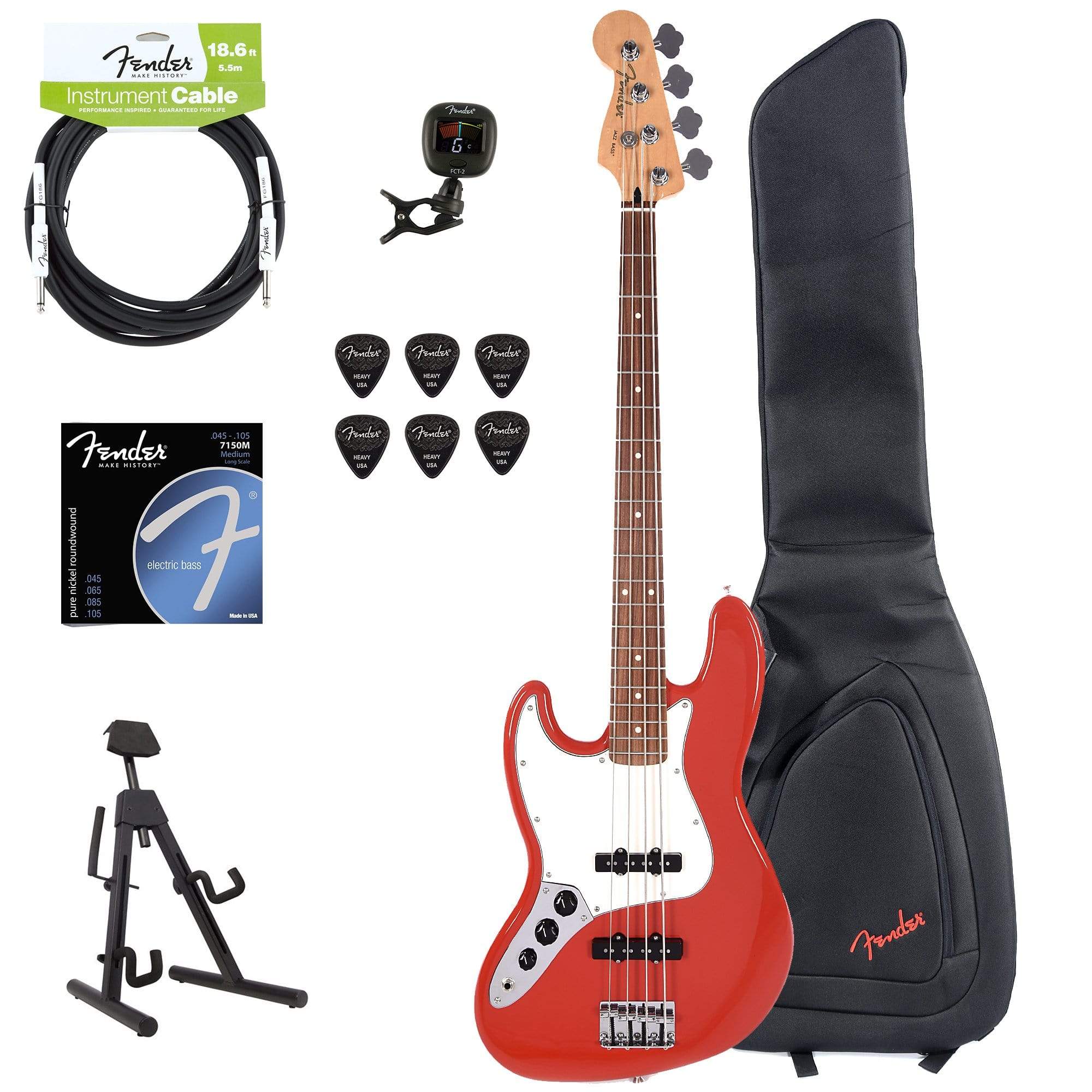 Fender Player Jazz Bass LEFTY Sonic Red Bundle w/Fender Gig Bag, Stand, Cable, Tuner, Picks and Strings Bass Guitars / 4-String,Bass Guitars / Left-Handed