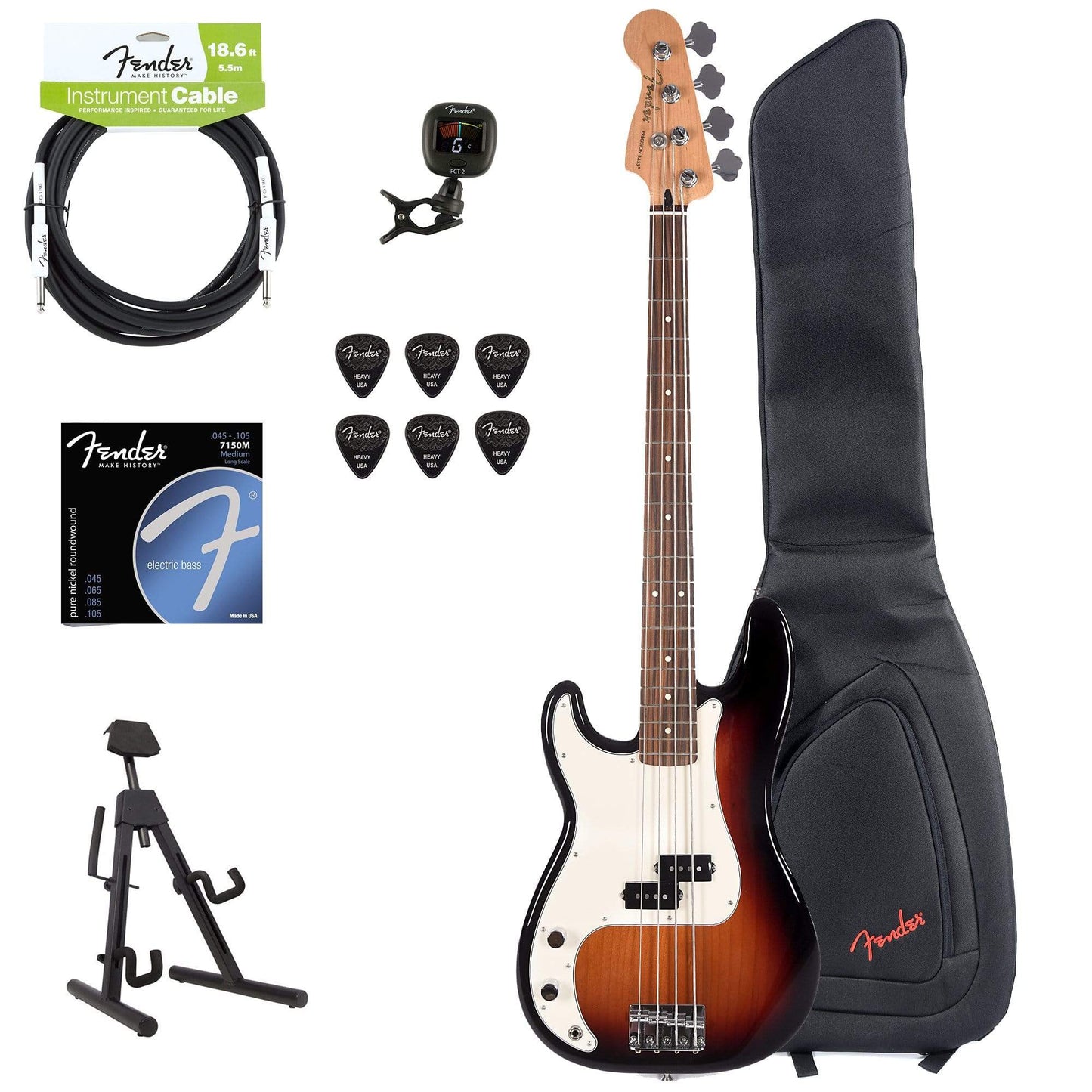 Fender Player Precision Bass LEFTY 3-Color Sunburst Bundle w/Fender Gig Bag, Stand, Cable, Tuner, Picks and Strings Bass Guitars / 4-String,Bass Guitars / Left-Handed