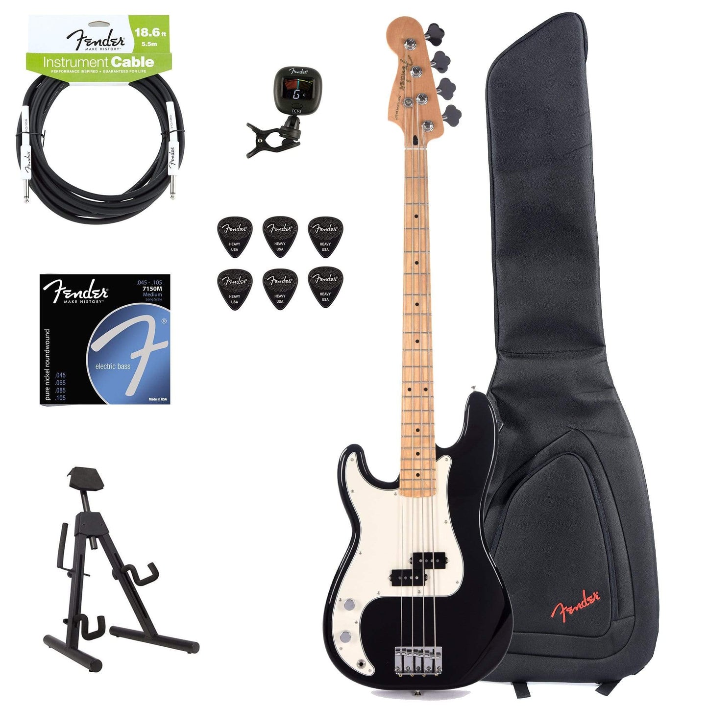 Fender Player Precision Bass LEFTY Black Bundle w/Fender Gig Bag, Stand, Cable, Tuner, Picks and Strings Bass Guitars / 4-String,Bass Guitars / Left-Handed
