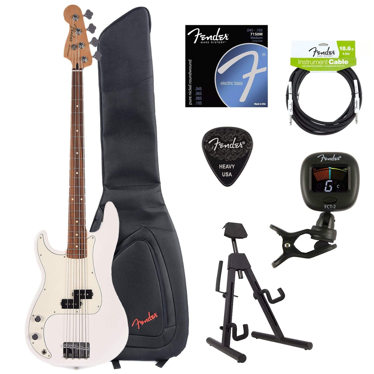 Fender Player Precision Bass LEFTY Polar White Bundle w/Fender Gig Bag, Stand, Cable, Tuner, Picks and Strings Bass Guitars / 4-String,Bass Guitars / Left-Handed