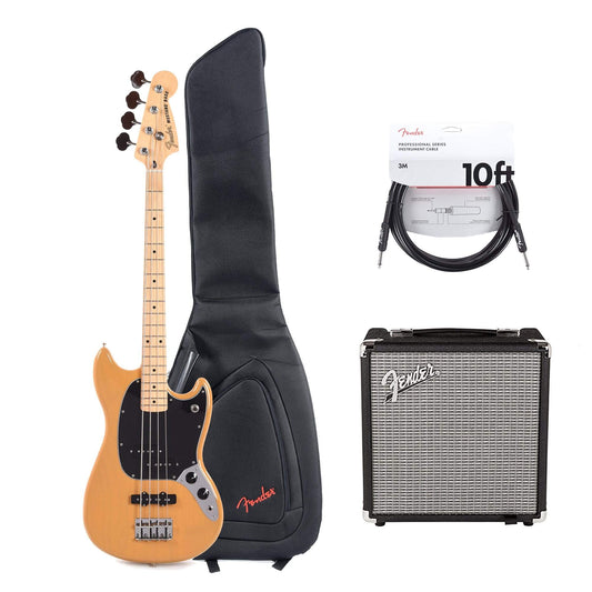 Fender Offset Series Mustang Bass PJ MN Butterscotch Blonde w/3-Ply Black Pickguard Essentials Bundle Bass Guitars / 4-String