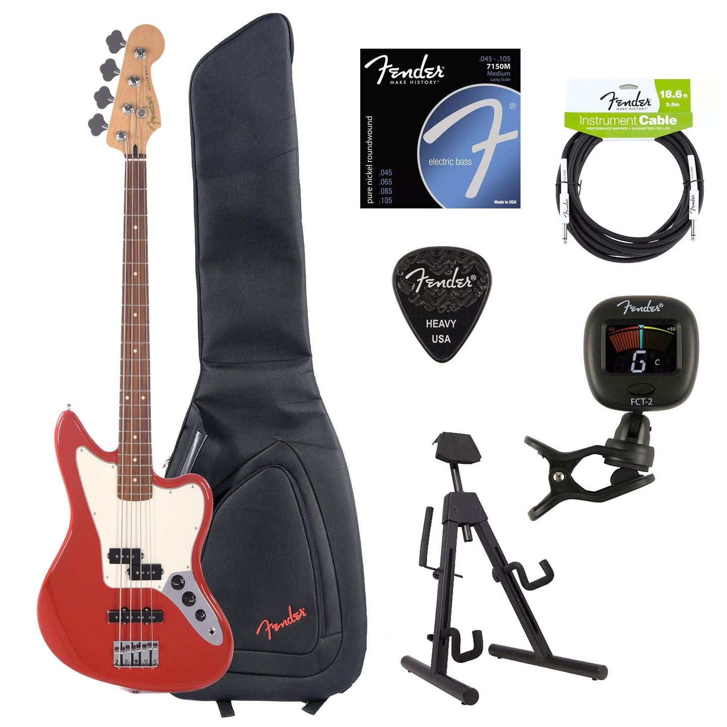 Fender Player Jaguar Bass Sonic Red Bundle w/Fender Gig Bag, Stand, Cable, Tuner, Picks and Strings Bass Guitars / 4-String