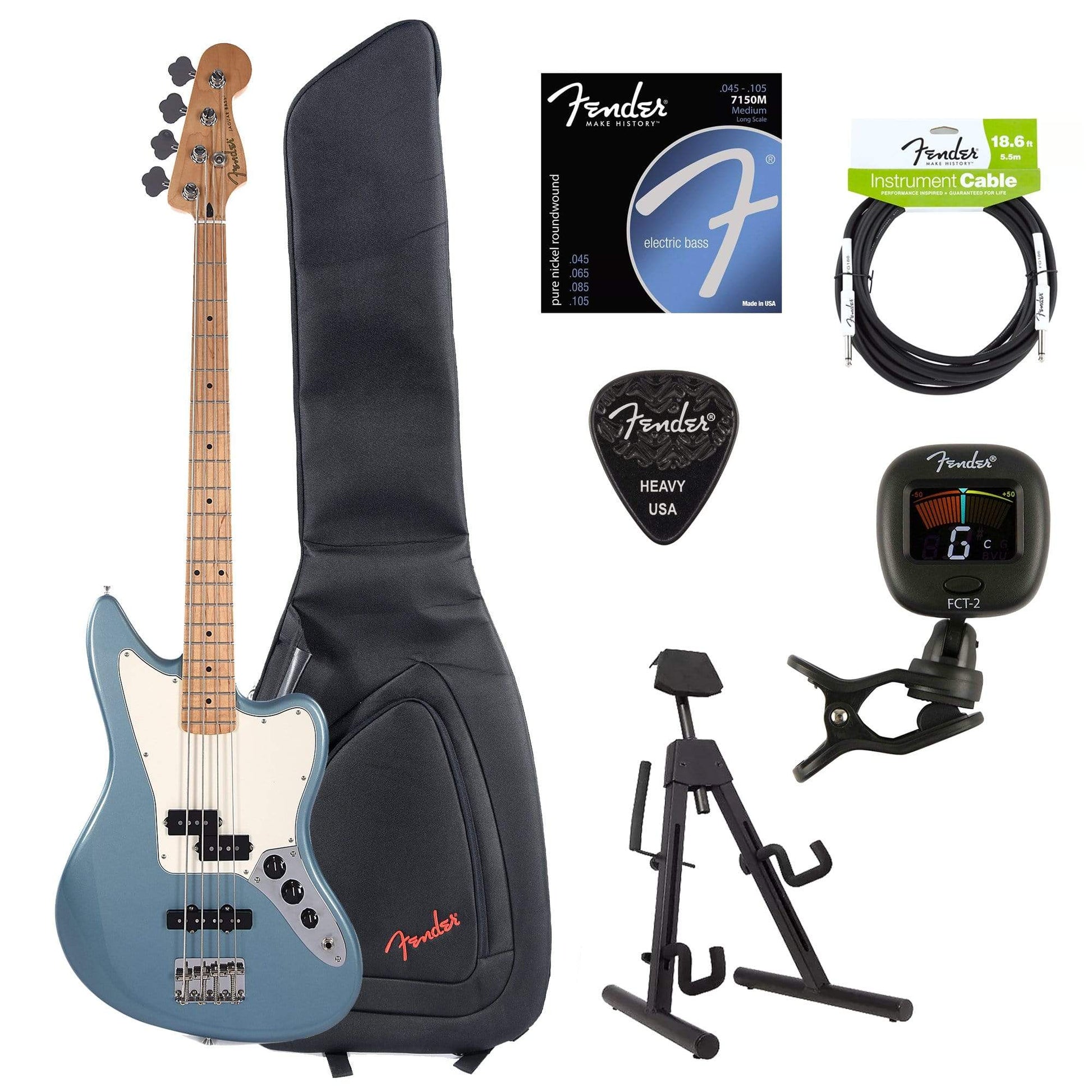 Fender Player Jaguar Bass Tidepool Bundle w/Fender Gig Bag, Stand, Cable, Tuner, Picks and Strings Bass Guitars / 4-String