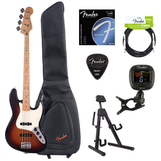 Fender Player Jazz Bass 3-Color Sunburst Bundle w/Fender Gig Bag, Stand, Cable, Tuner, Picks and Strings Bass Guitars / 4-String