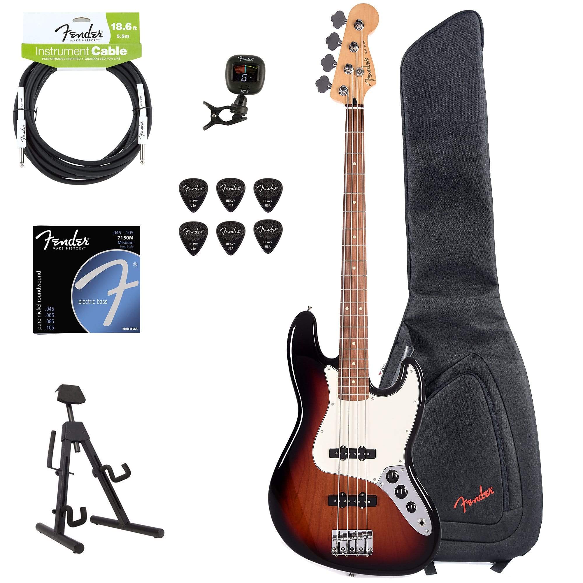 Fender Player Jazz Bass 3-Color Sunburst Bundle w/Fender Gig Bag, Stand, Cable, Tuner, Picks and Strings Bass Guitars / 4-String