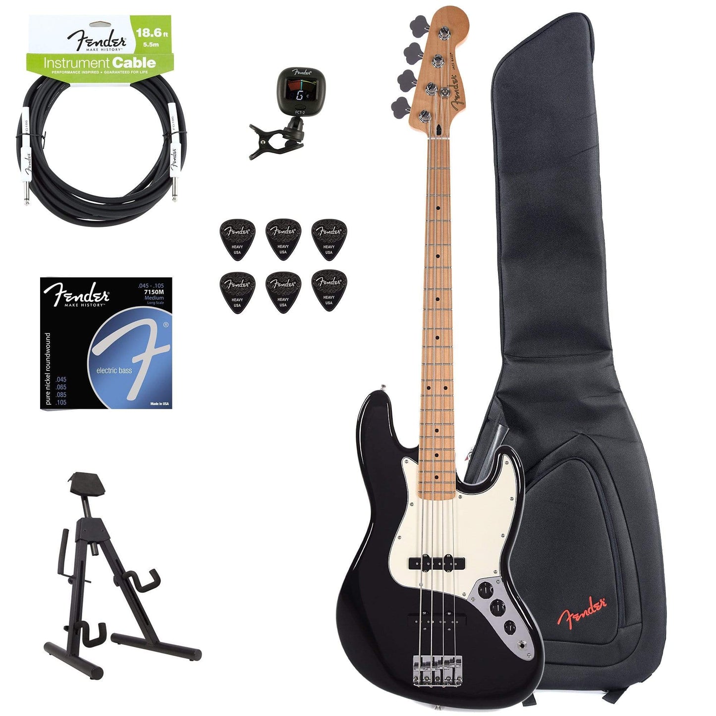 Fender Player Jazz Bass Black Bundle w/Fender Gig Bag, Stand, Cable, Tuner, Picks and Strings Bass Guitars / 4-String