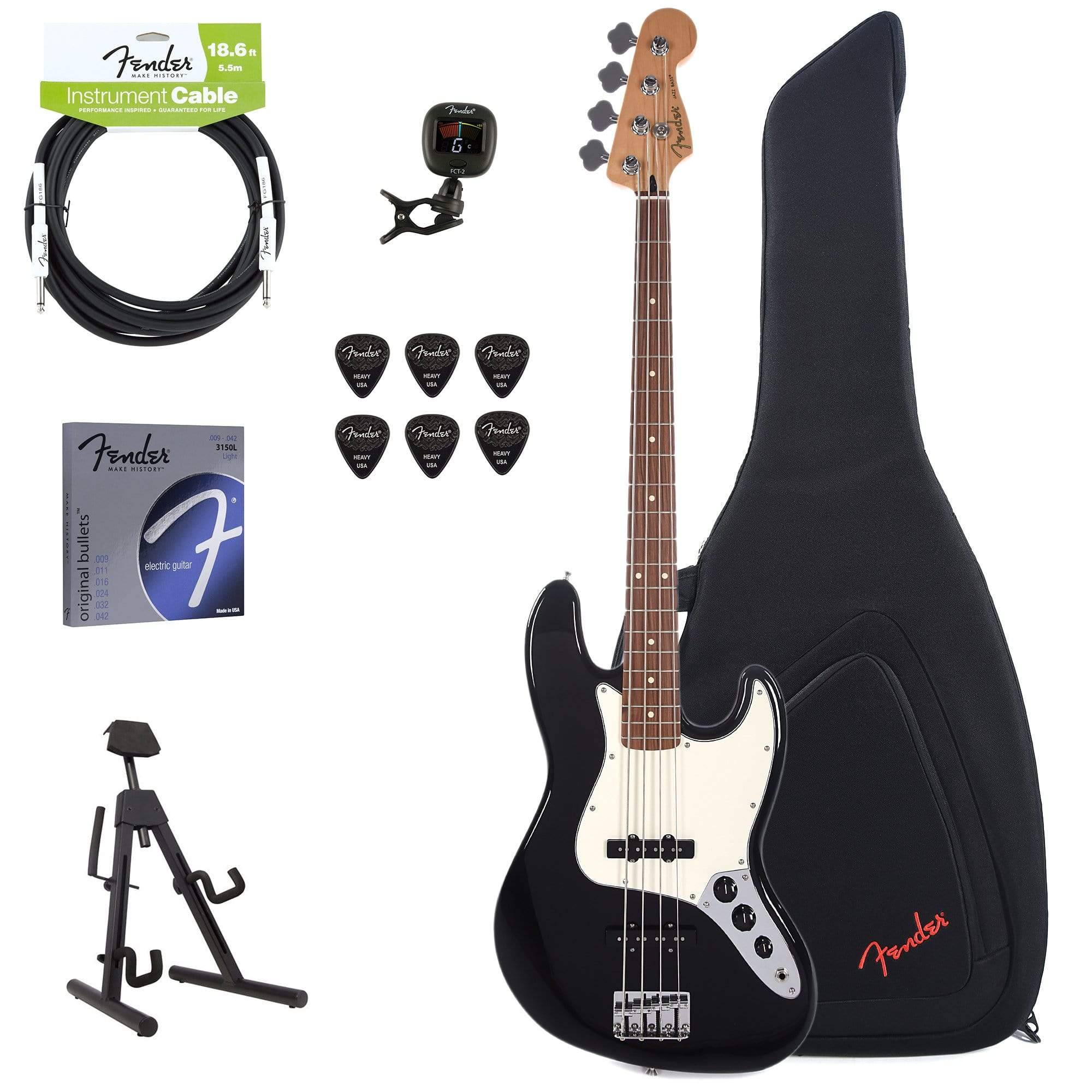 Fender Player Jazz Bass Black Bundle w/Fender Gig Bag, Stand, Cable, Tuner, Picks and Strings Bass Guitars / 4-String