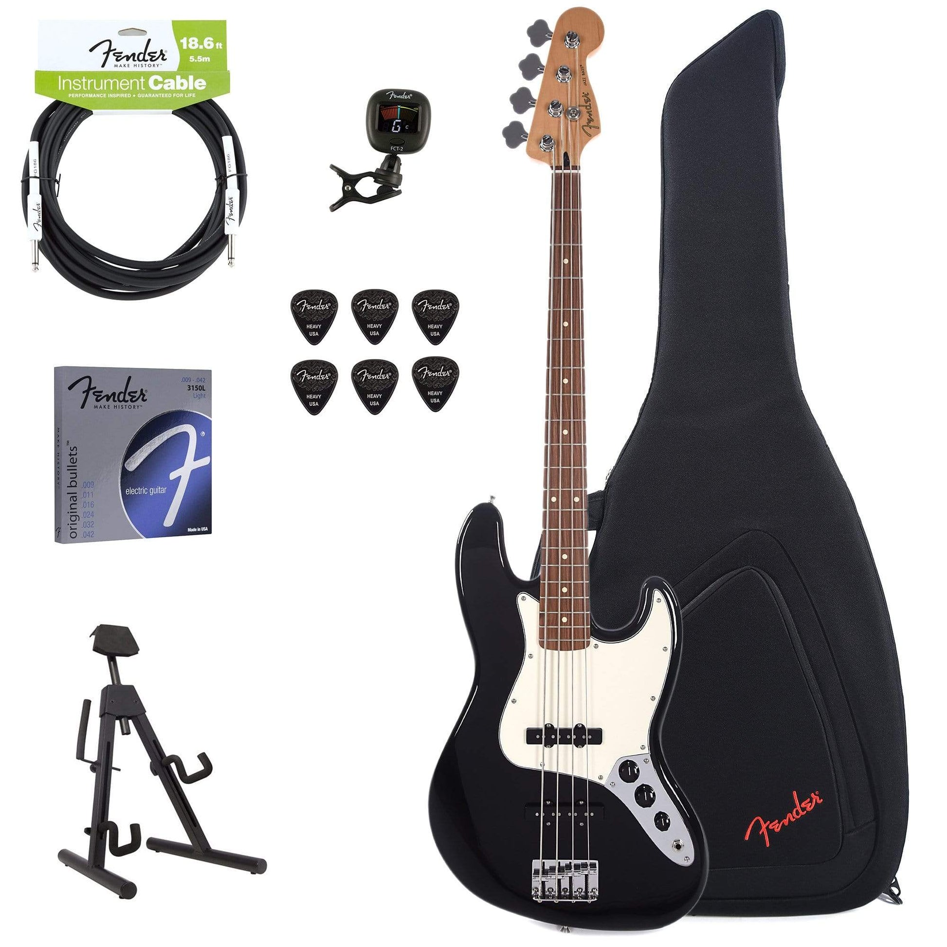 Fender Player Jazz Bass Black Bundle w/Fender Gig Bag, Stand, Cable, Tuner, Picks and Strings Bass Guitars / 4-String