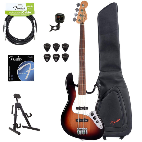 Fender Player Jazz Bass Fretless 3-Color Sunburst Bundle w/Fender Gig Bag, Stand, Cable, Tuner, Picks and Strings Bass Guitars / 4-String