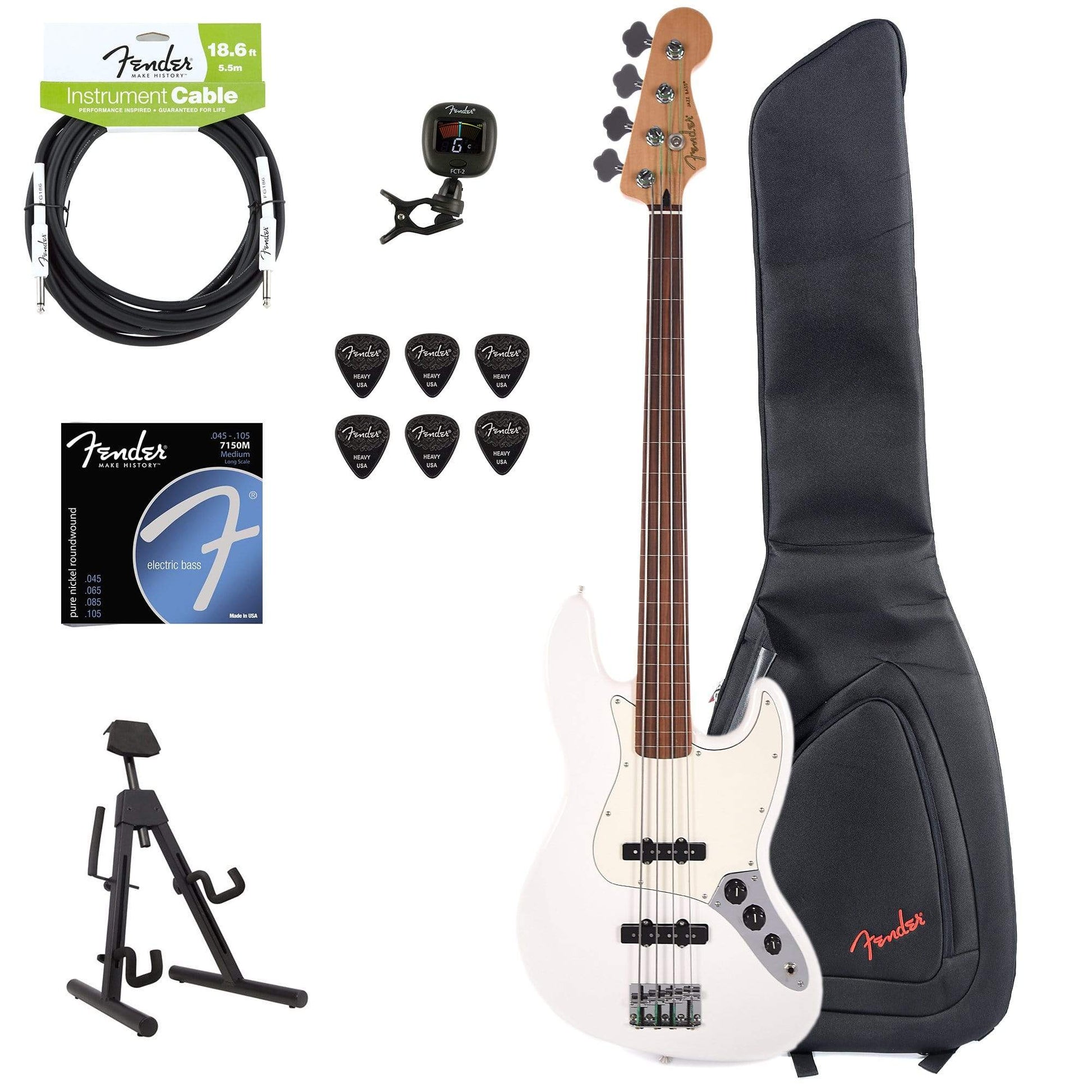 Fender Player Jazz Bass Fretless Polar White Bundle w/Fender Gig Bag, Stand, Cable, Tuner, Picks and Strings Bass Guitars / 4-String