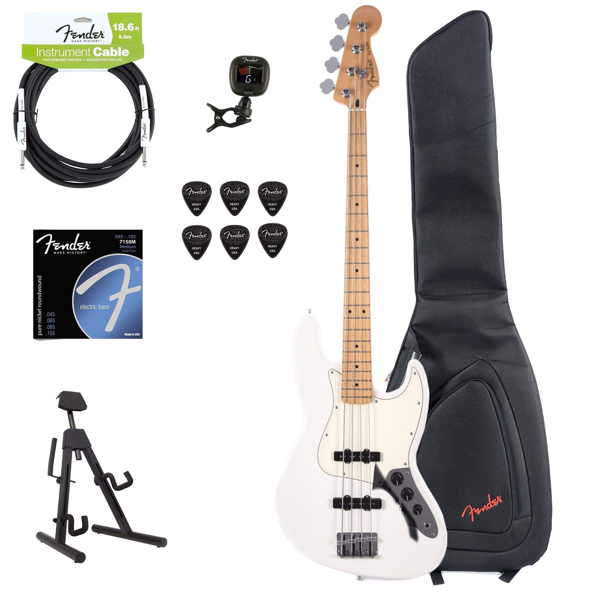 Fender Player Jazz Bass Polar White Bundle w/Fender Gig Bag, Stand, Cable, Tuner, Picks and Strings Bass Guitars / 4-String