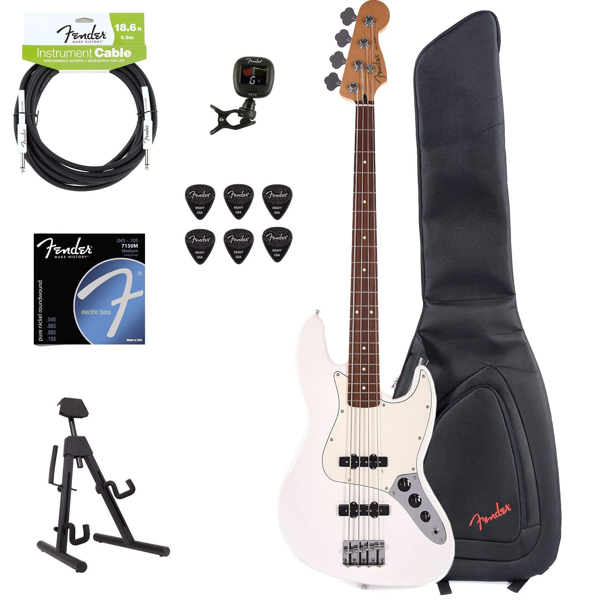 Fender Player Jazz Bass Polar White Bundle w/Fender Gig Bag, Stand, Cable, Tuner, Picks and Strings Bass Guitars / 4-String