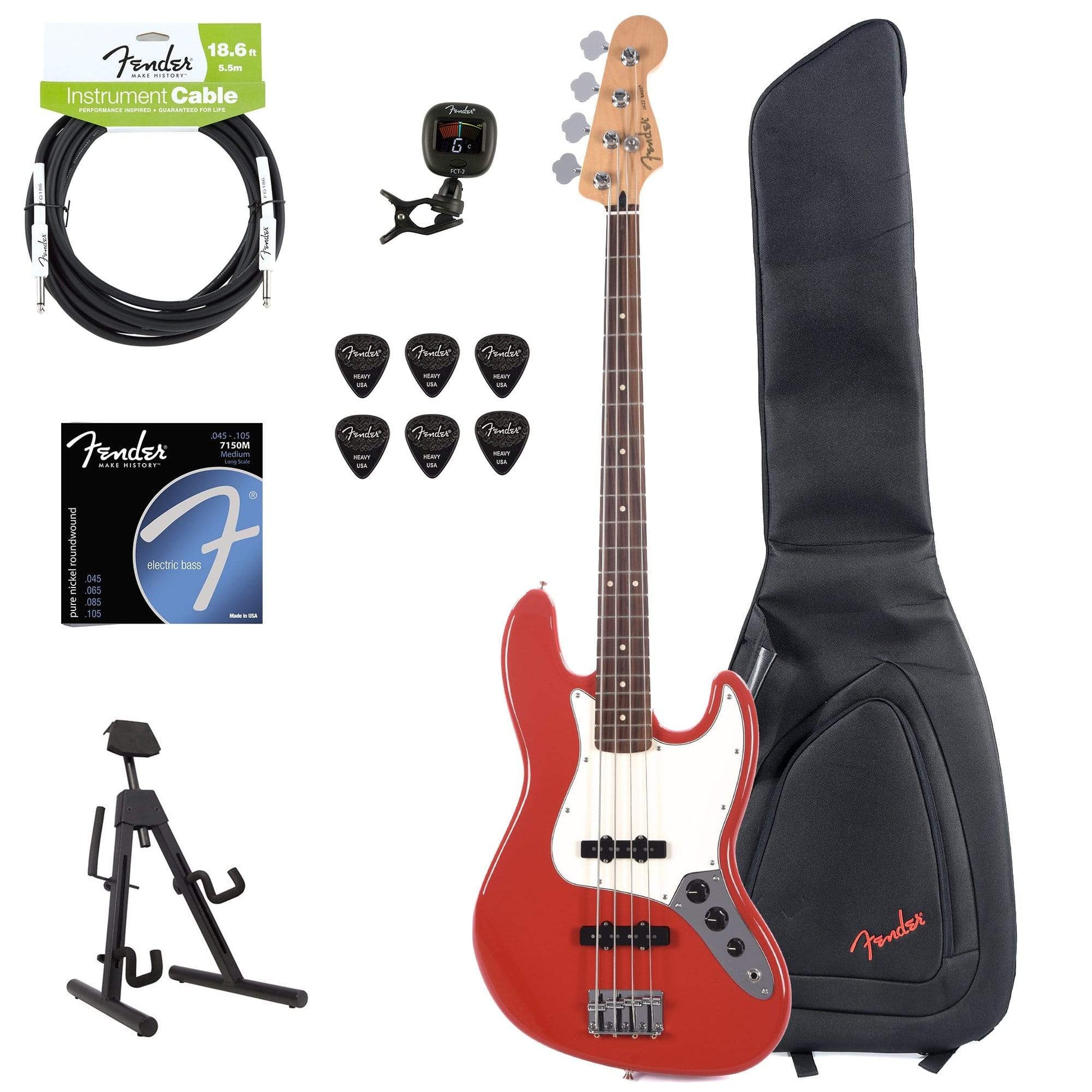 Fender Player Jazz Bass Sonic Red Bundle w/Fender Gig Bag, Stand, Cable, Tuner, Picks and Strings Bass Guitars / 4-String