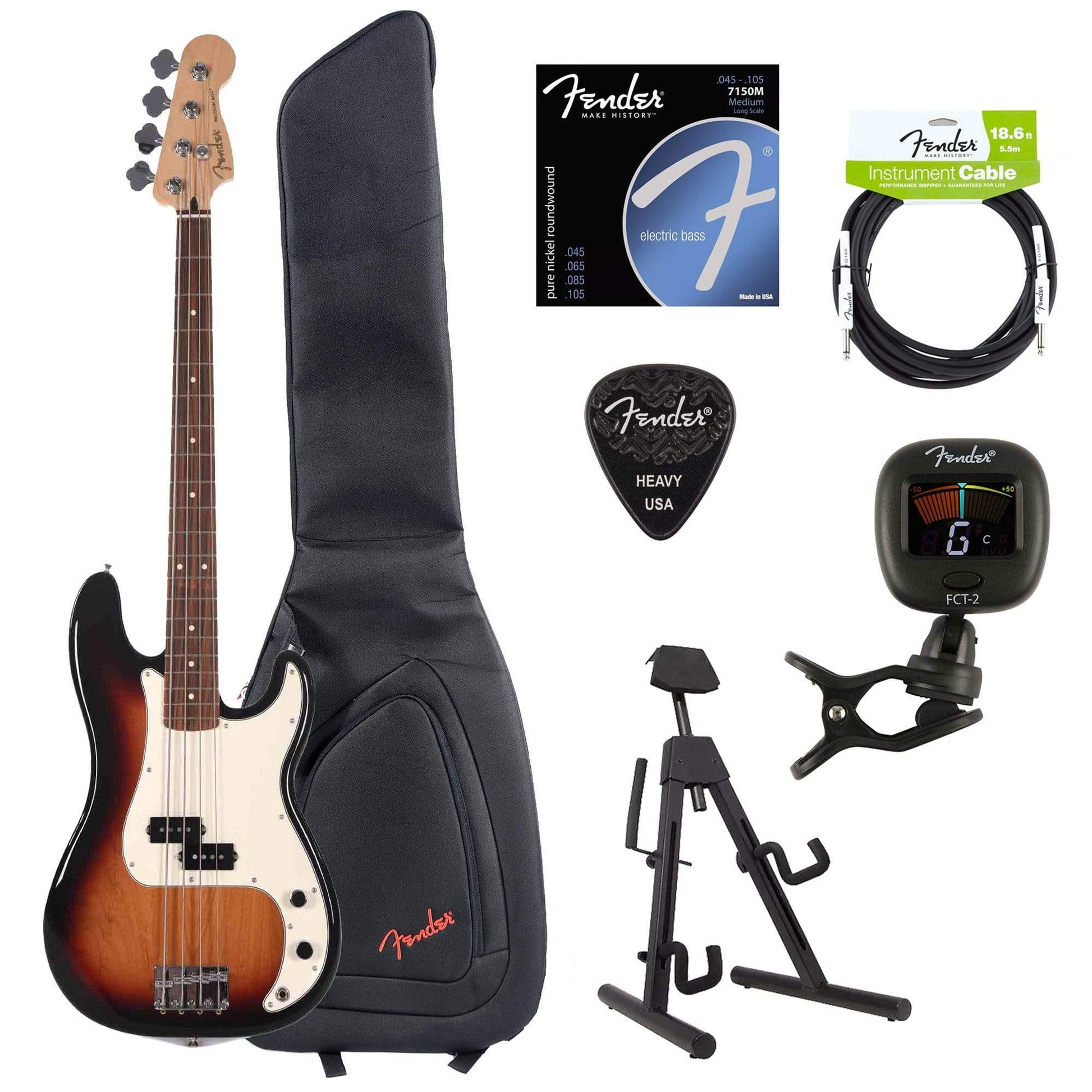 Fender Player Precision Bass 3-Color Sunburst Bundle w/Fender Gig Bag, Stand, Cable, Tuner, Picks and Strings Bass Guitars / 4-String