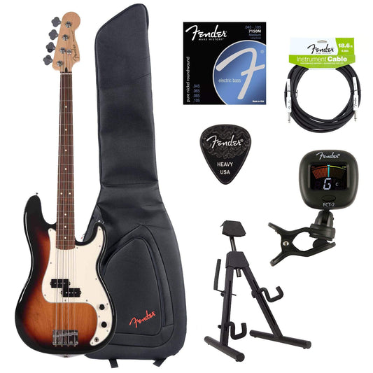 Fender Player Precision Bass 3-Color Sunburst Bundle w/Fender Gig Bag, Stand, Cable, Tuner, Picks and Strings Bass Guitars / 4-String