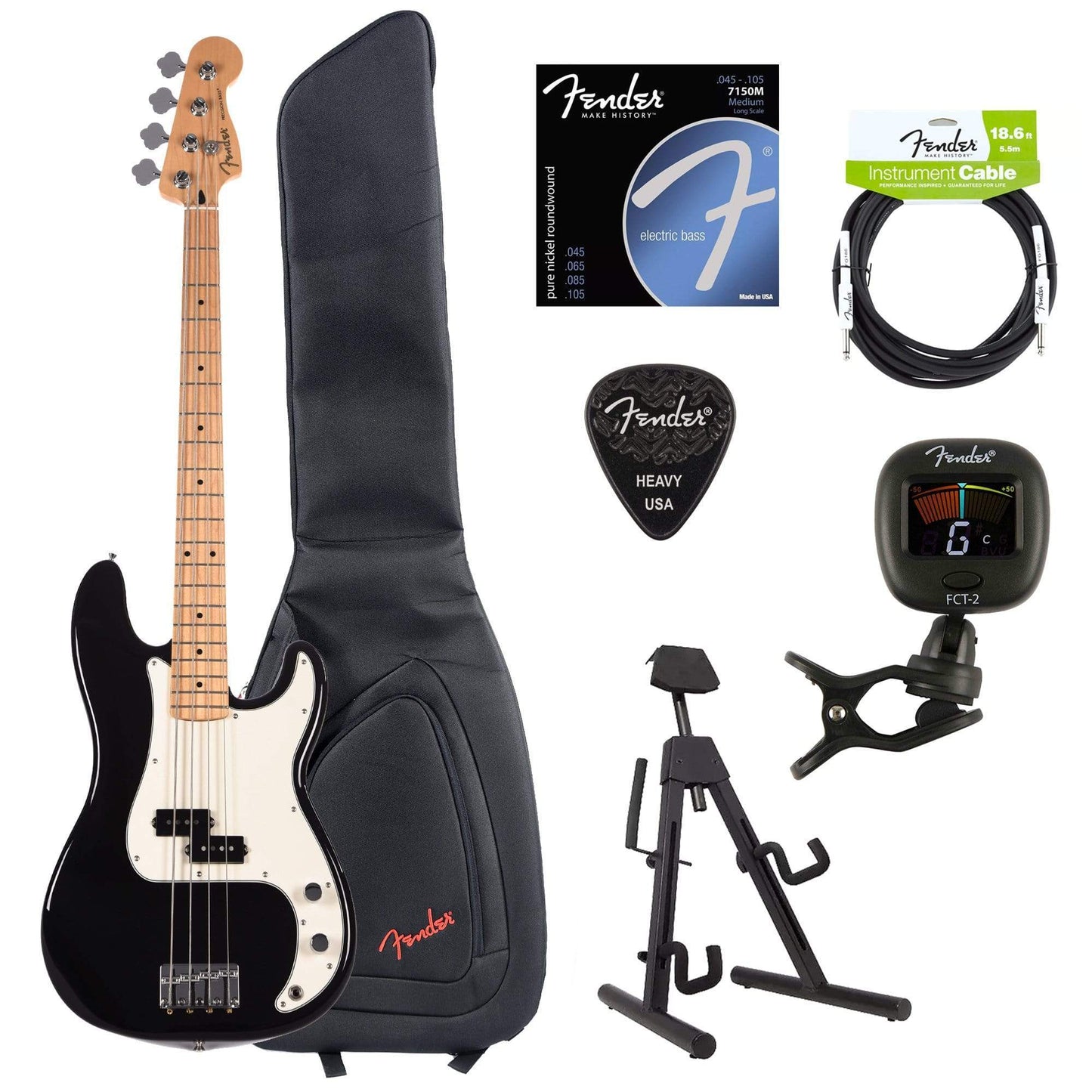Fender Player Precision Bass Black Bundle w/Fender Gig Bag, Stand, Cable, Tuner, Picks and Strings Bass Guitars / 4-String