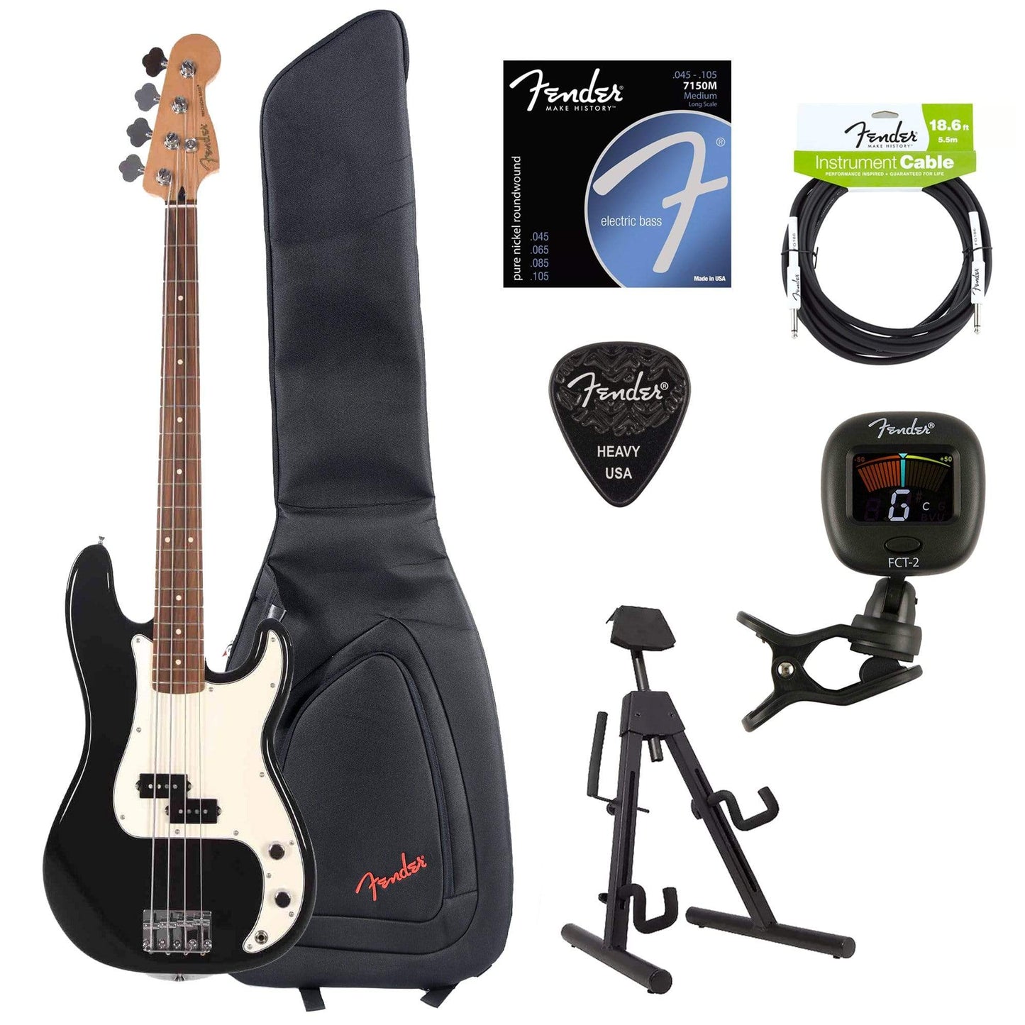 Fender Player Precision Bass Black Bundle w/Fender Gig Bag, Stand, Cable, Tuner, Picks and Strings Bass Guitars / 4-String