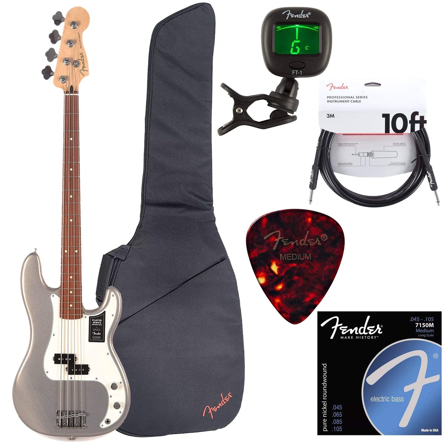 Fender Player Precision Bass PF Silver w/Gig Bag, Tuner, Cables, Picks and Strings Bundle Bass Guitars / 4-String