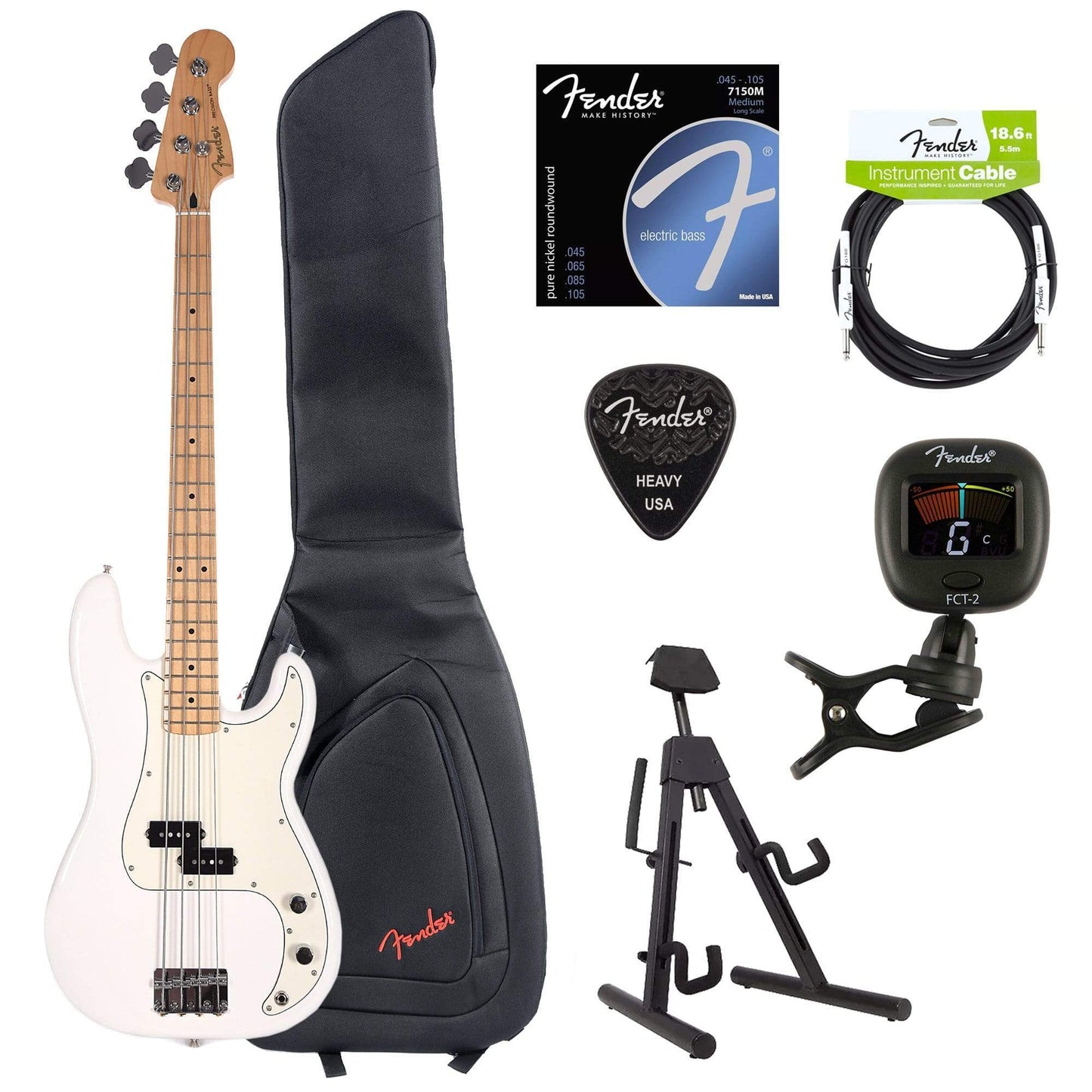 Fender Player Precision Bass Polar White Bundle w/Fender Gig Bag, Stand, Cable, Tuner, Picks and Strings Bass Guitars / 4-String