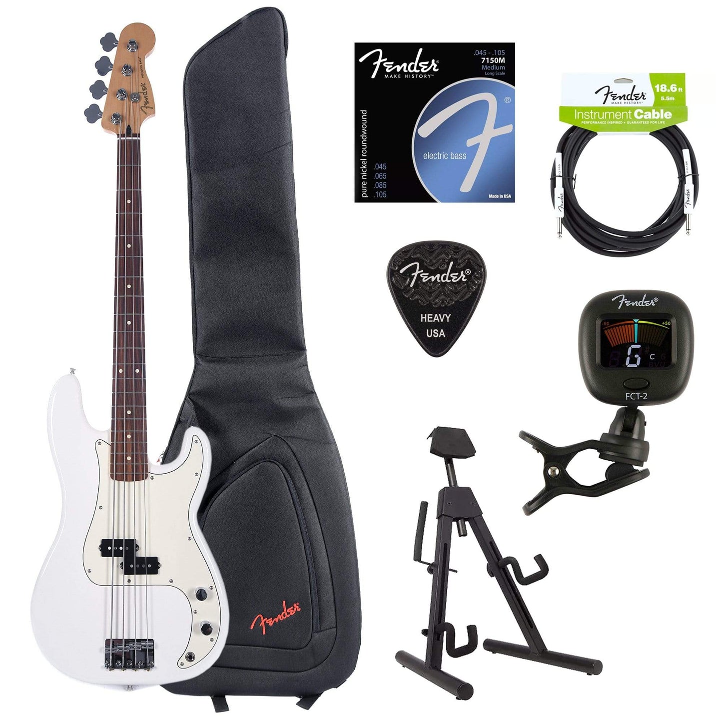 Fender Player Precision Bass Polar White Bundle w/Fender Gig Bag, Stand, Cable, Tuner, Picks and Strings Bass Guitars / 4-String