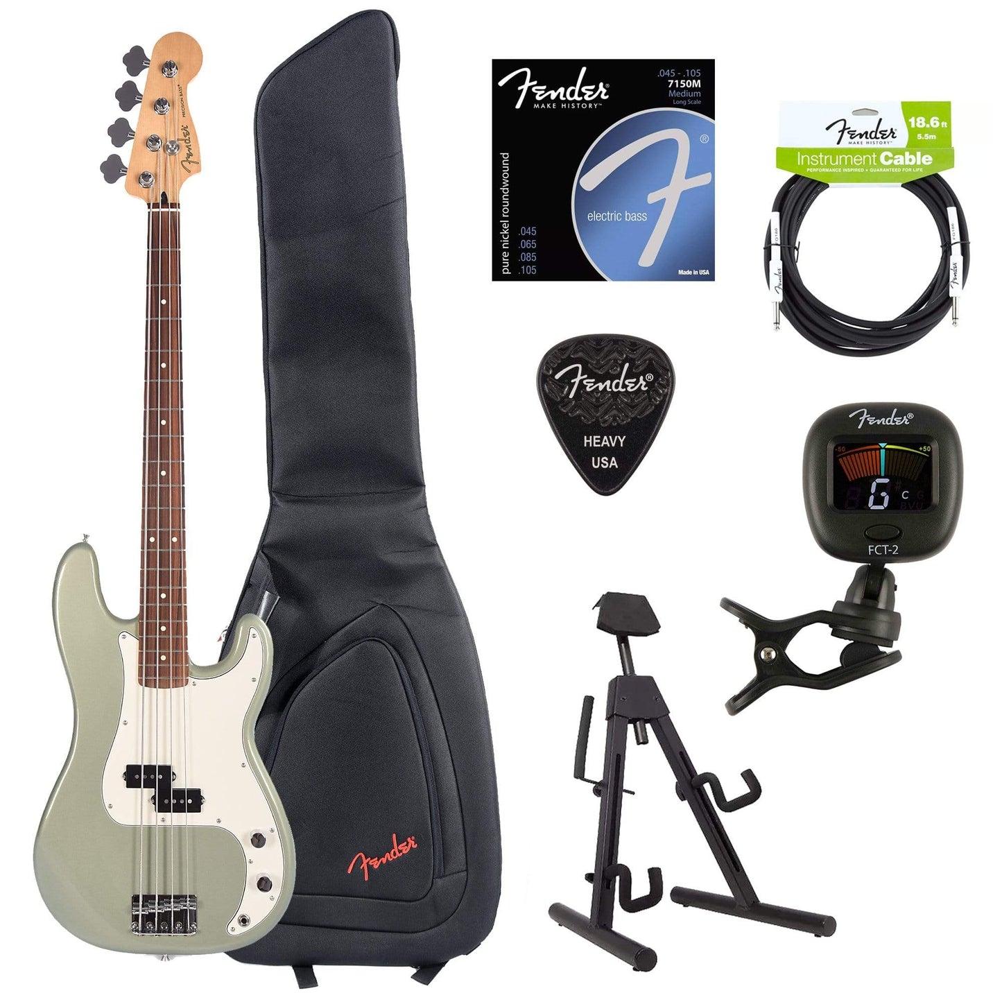 Fender Player Precision Bass Sage Green Metallic Bundle w/Fender Gig Bag, Stand, Cable, Tuner, Picks and Strings Bass Guitars / 4-String