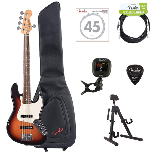 Fender Player Jazz Bass V 5-String 3-Color Sunburst Bundle w/Fender Gig Bag, Stand, Cable, Tuner, Picks and Strings Bass Guitars / 5-String or More