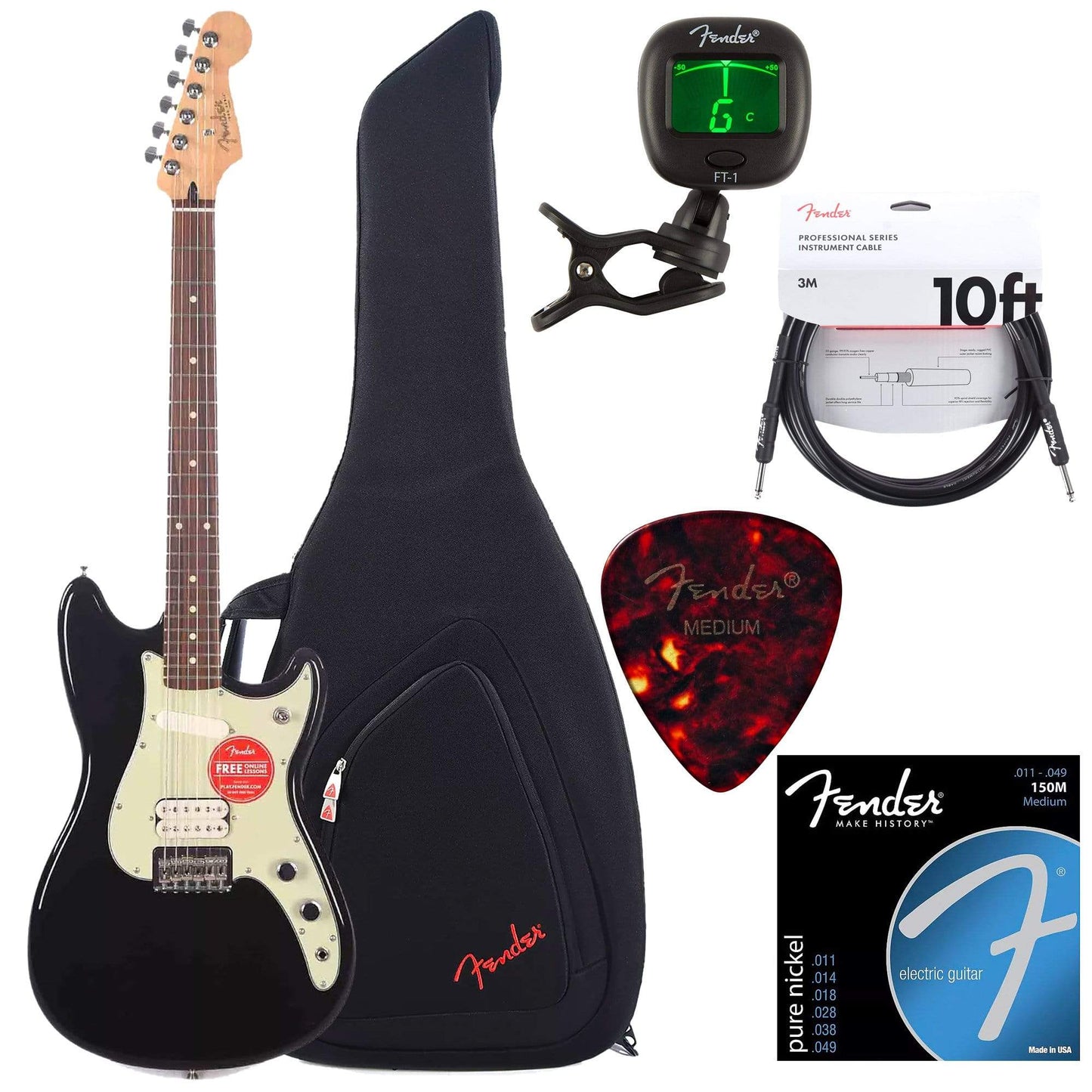 Fender Offset Series Duo Sonic HS PF Black w/Gig Bag, Tuner, Cables, Picks and Strings Bundle Electric Guitars / Solid Body