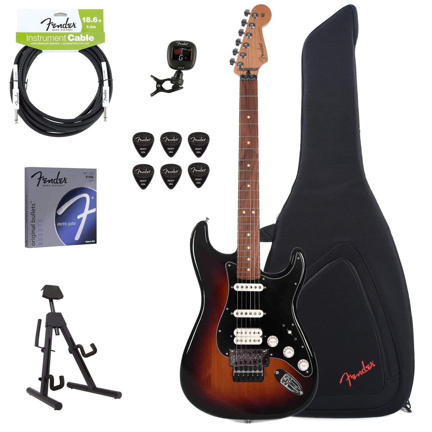 Fender Player Stratocaster Floyd Rose HSS 3-Color Sunburst Bundle w/Fender Gig Bag, Stand, Cable, Tuner, Picks and Strings Electric Guitars / Solid Body