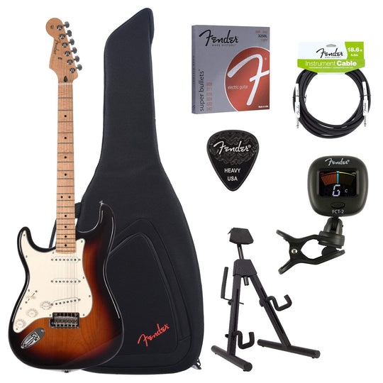 Fender Player Stratocaster LEFTY 3-Color Sunburst Bundle w/Fender Gig Bag, Stand, Cable, Tuner, Picks and Strings Electric Guitars / Solid Body