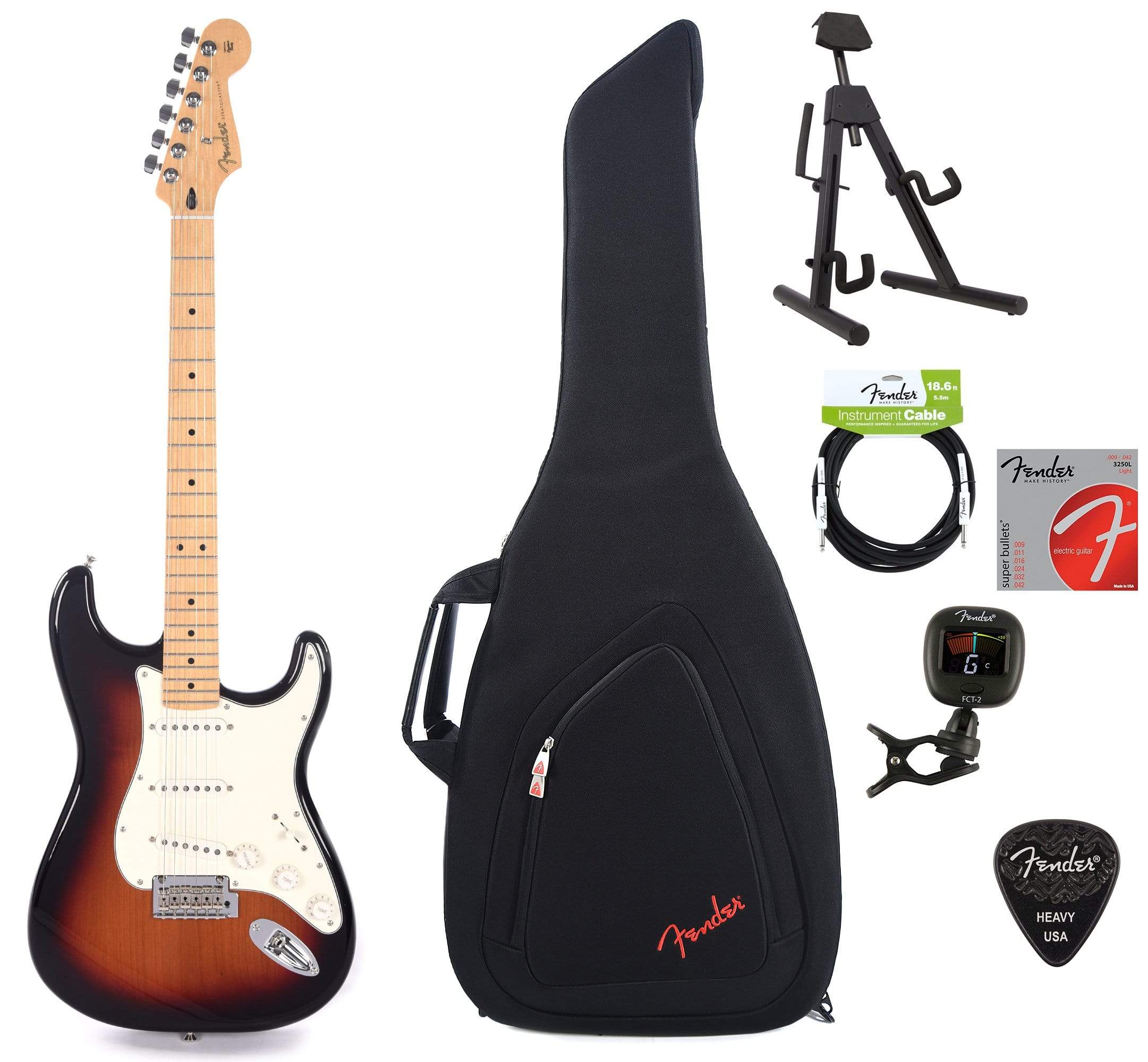 Fender Player Stratocaster MN 3-Color Sunburst Bundle w/Fender Gig Bag, Stand, Cable, Tuner, Picks and Strings Electric Guitars / Solid Body