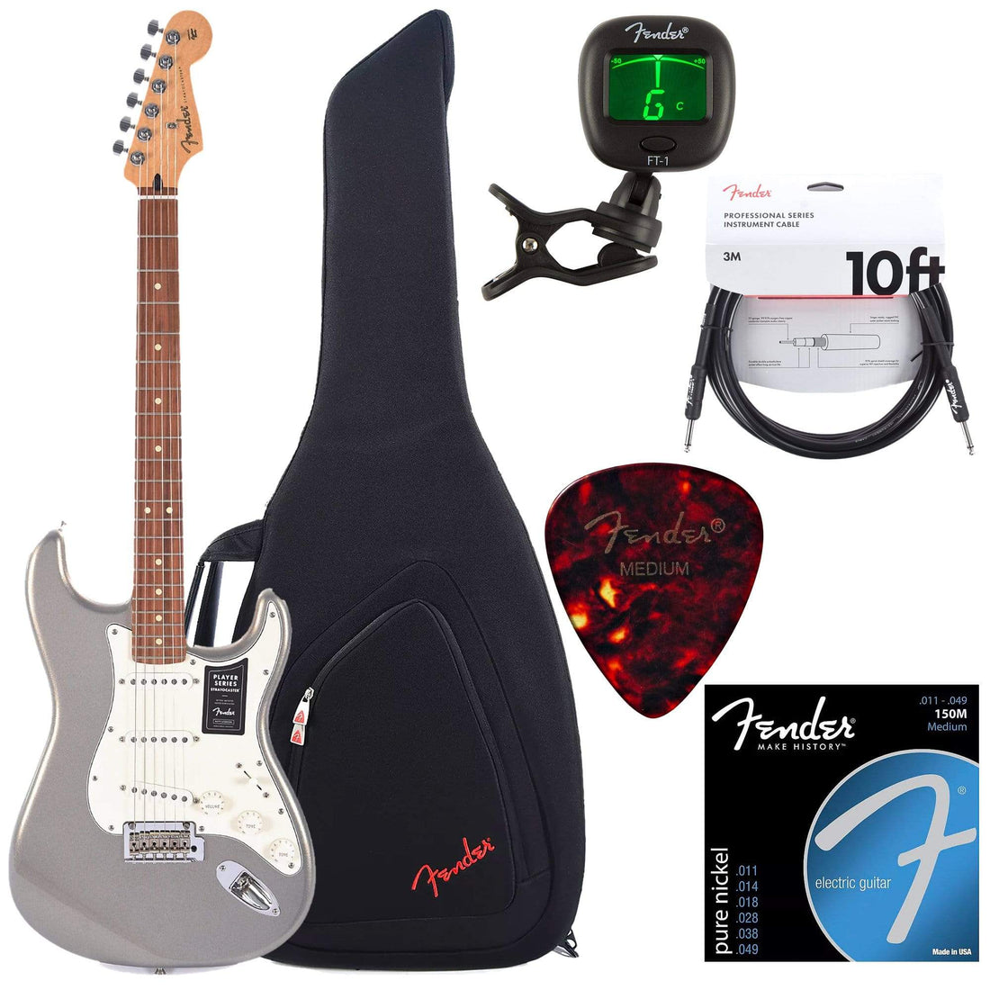 Fender Player Stratocaster PF Silver w/Gig Bag, Tuner, Cables, Picks a ...