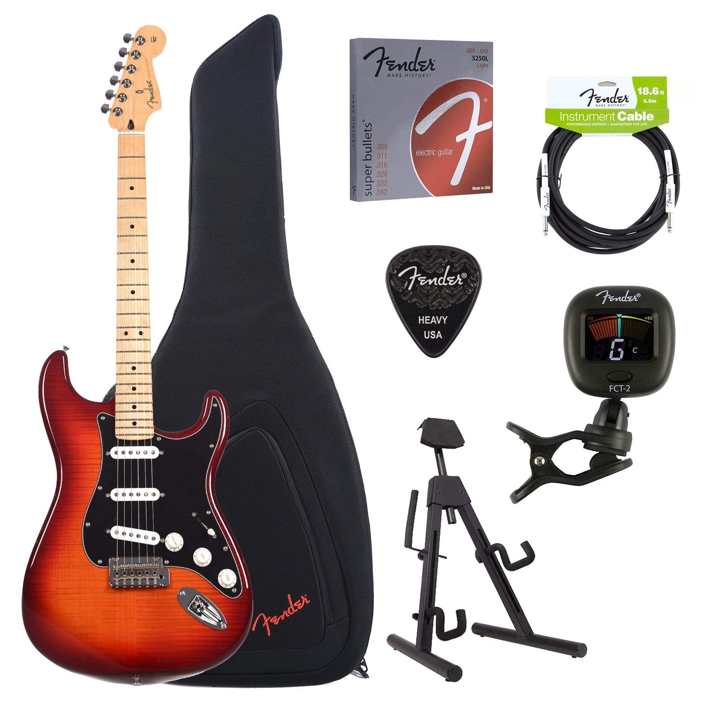 Fender Player Stratocaster Plus Top Aged Cherry Burst Bundle w/Fender Gig Bag, Stand, Cable, Tuner, Picks and Strings Electric Guitars / Solid Body
