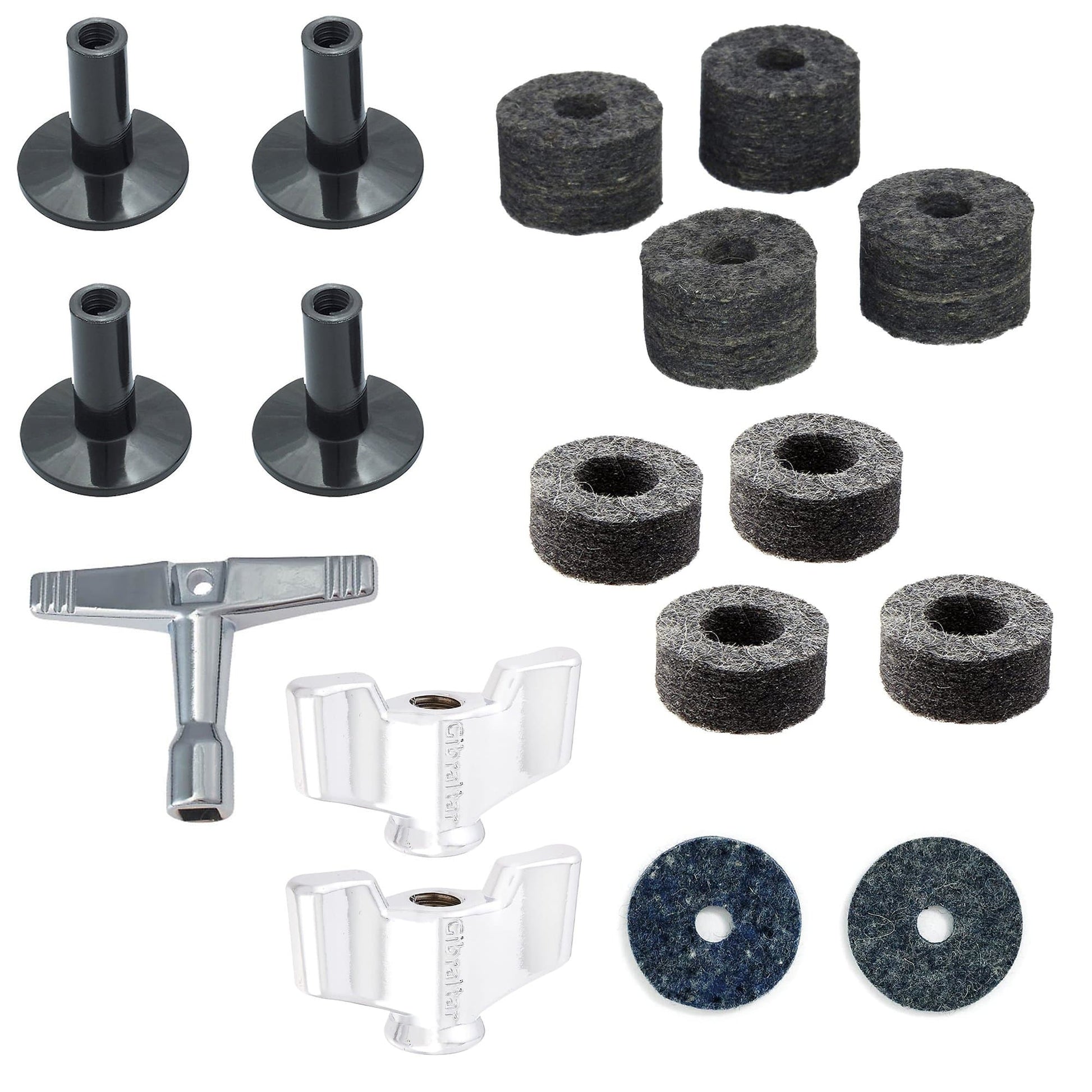 Gibraltar 8mm Flanged Base Tall Cymbal Sleeve (4-Pack), Cymbal Felt Tall (4-Pack), Hi-Hat Cup Felt (2-Pack) and Clutch Felt (4-Pack), 8mm Heavy Duty Wingnuts (2-Pack), and Drum Key Bundle Drums and Percussion / Parts and Accessories / Drum Parts
