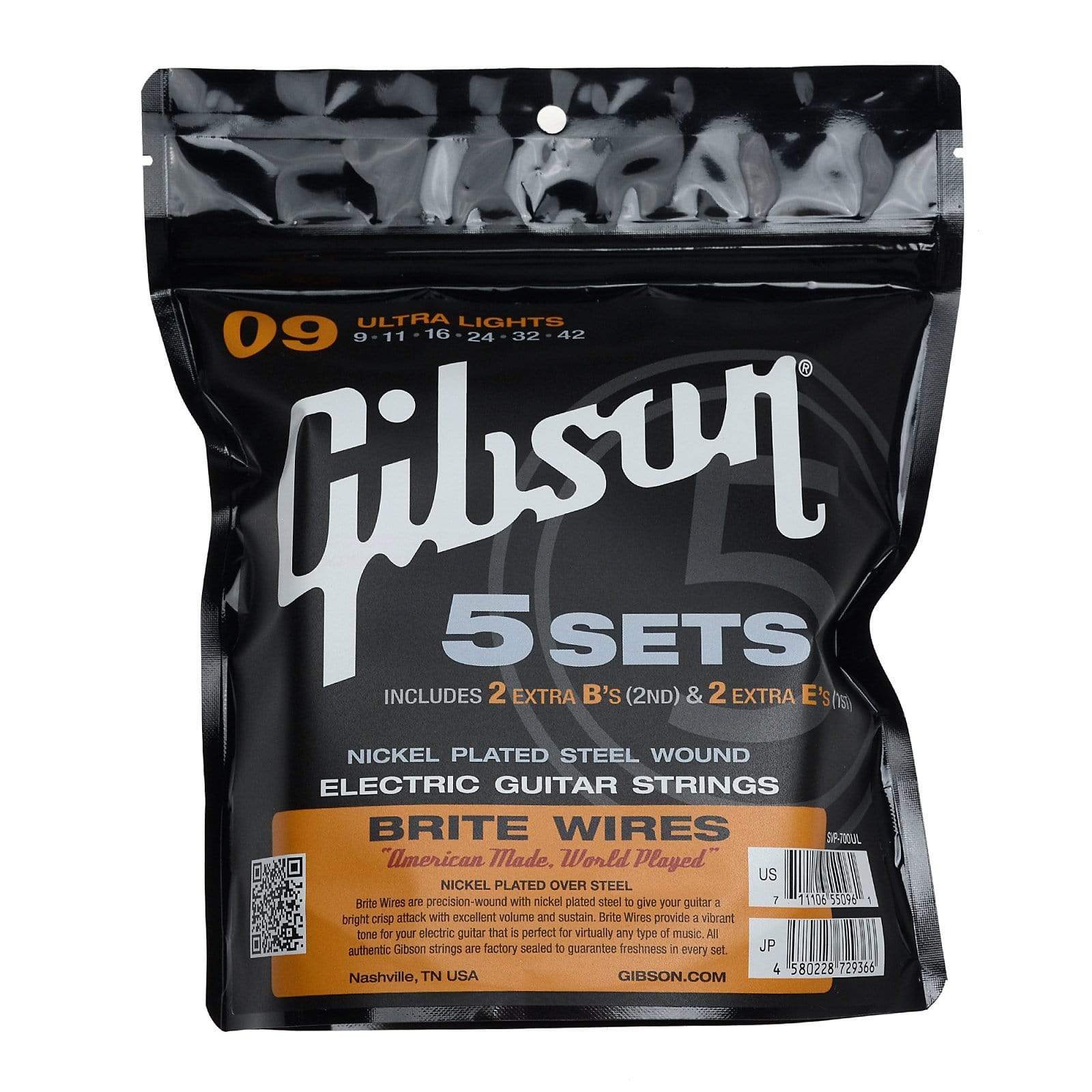 Gibson Brite Wires Electric Guitar Strings Ultra Light 9-42 5-Pack Accessories / Strings / Guitar Strings
