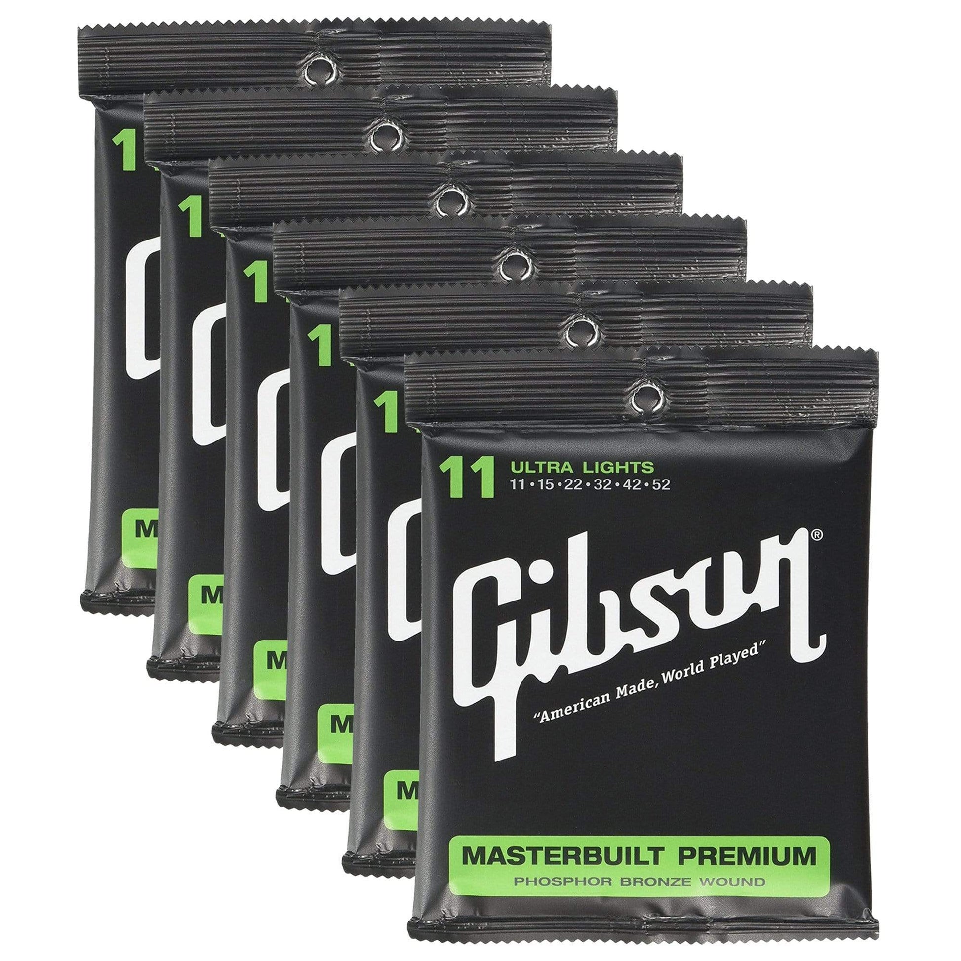 Gibson Gear Masterbuilt Premium Phosphor Bronze Acoustic Guitar Strings 11-52 (6 Pack Bundle)