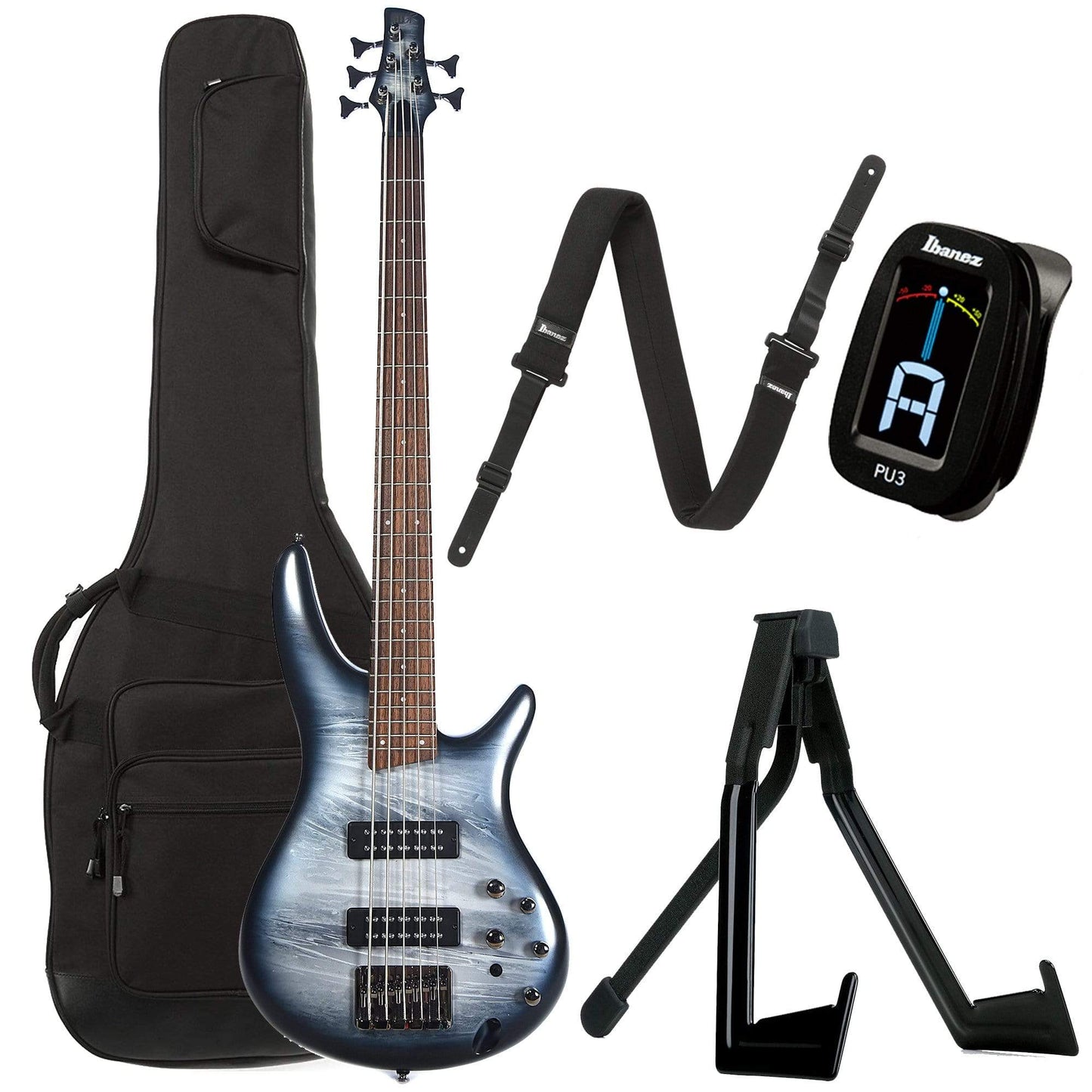 Ibanez SR305E SR Standard 5-String Bass Black Planet Matte Bundle w/ Ibanez Gig Bag, Stand, Tuner and Strap Bass Guitars / 5-String or More