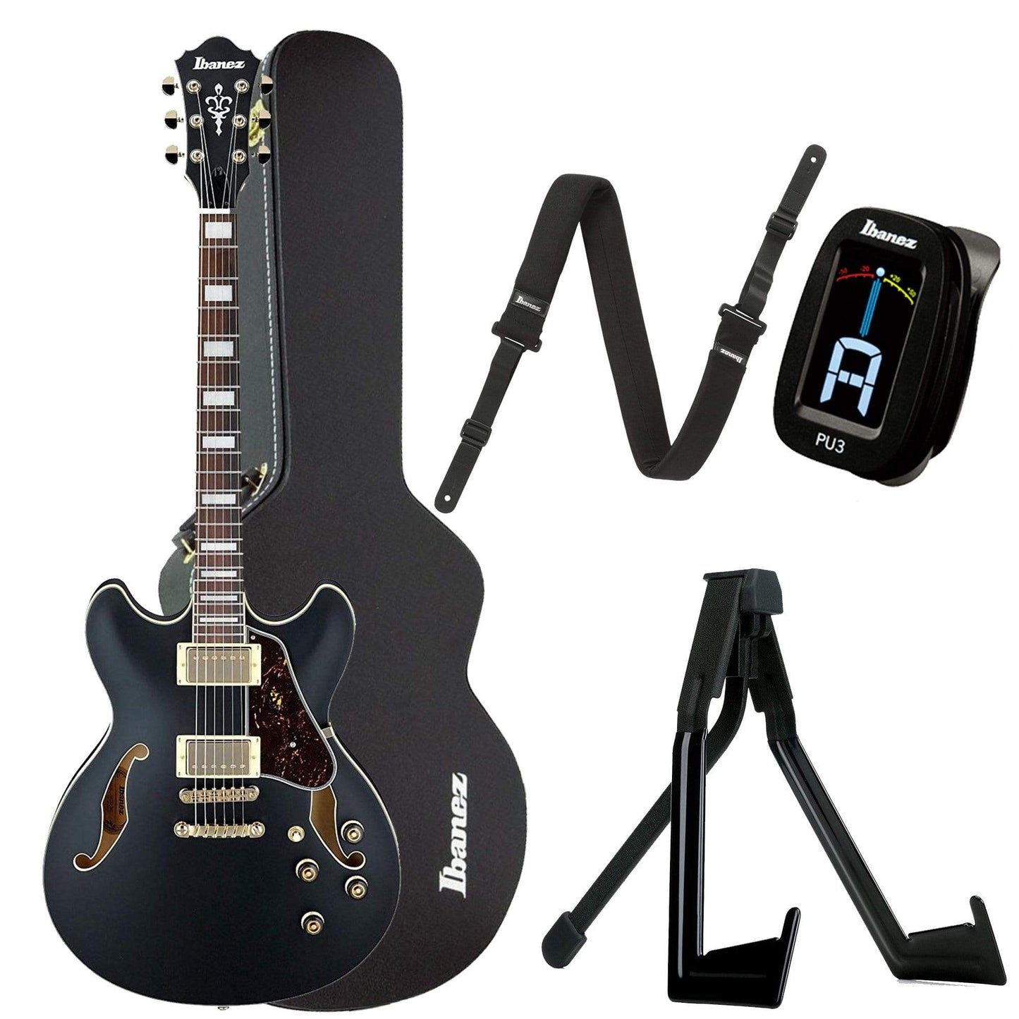 Ibanez Artcore AS73G Black Flat Bundle w/ Ibanez Hardshell Case, Stand, Tuner and Strap Electric Guitars / Hollow Body