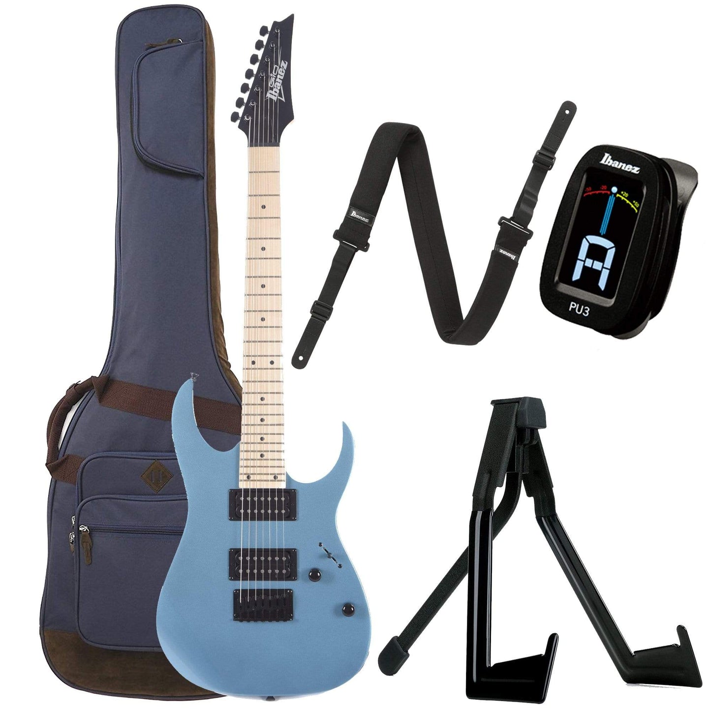 Ibanez GRG7221M 7-String Metallic Light Blue Bundle w/ Ibanez Gig Bag, Stand, Tuner and Strap Electric Guitars / Solid Body